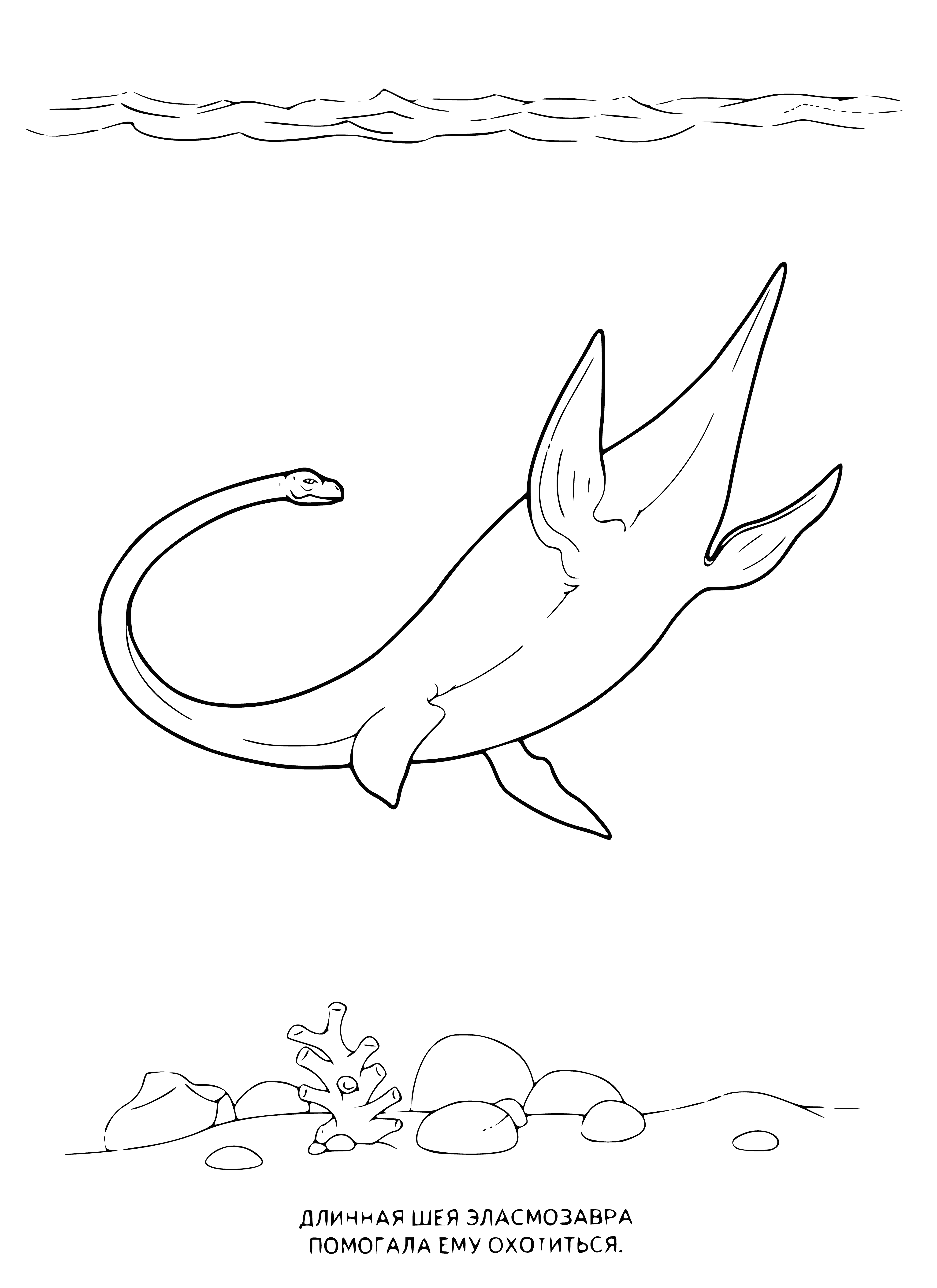 coloring page: Giant long-necked dino swimming with long tail; dark green body, bumpy protrusions, small blunt head, 3-fingered hands, webbed feet.