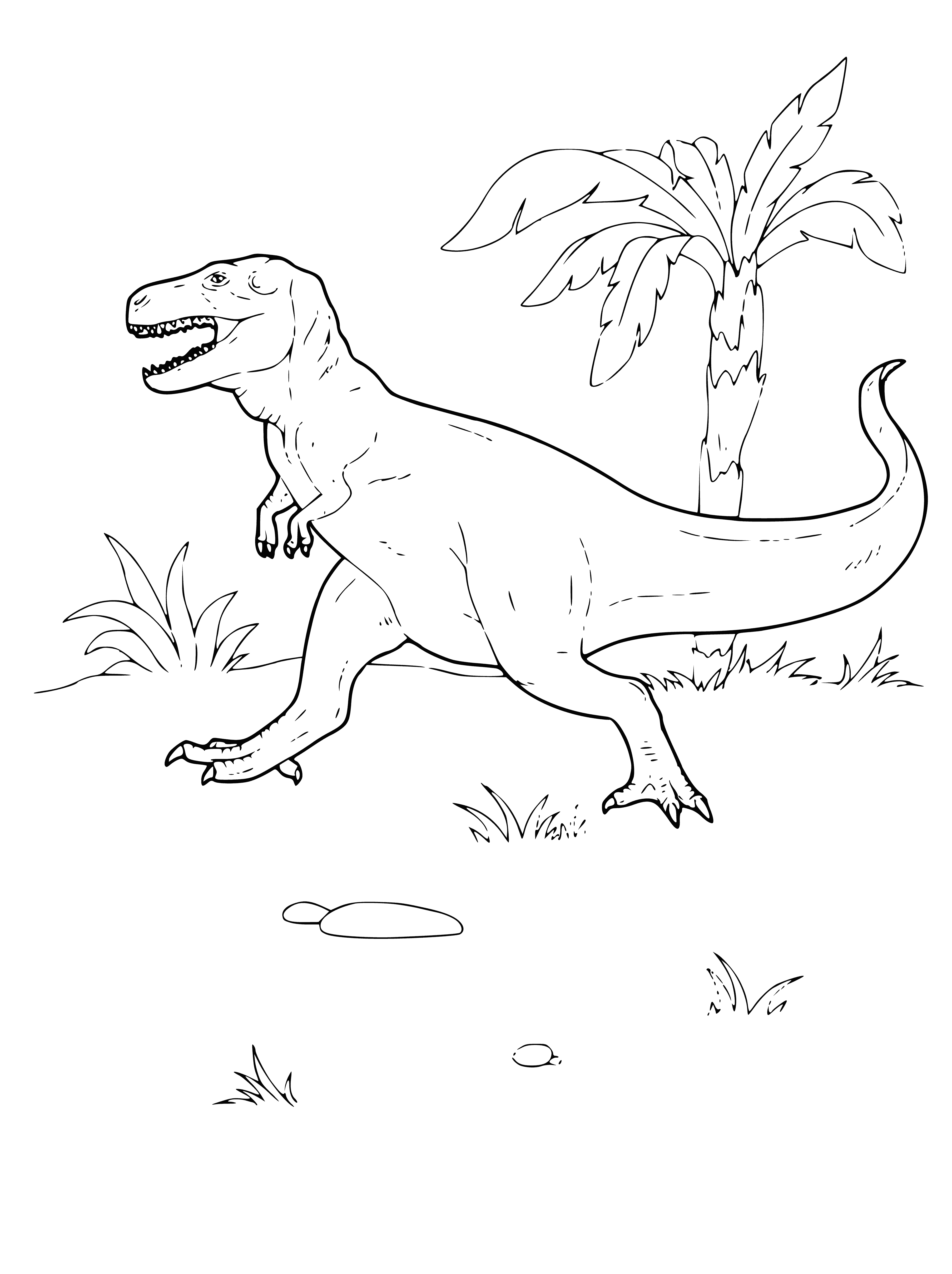 coloring page: Dinosaur w/ long neck, small head, sharp teeth; Strong legs w/ clawed feet; Stiff tail for balance; Scaly, greenish-brown skin.