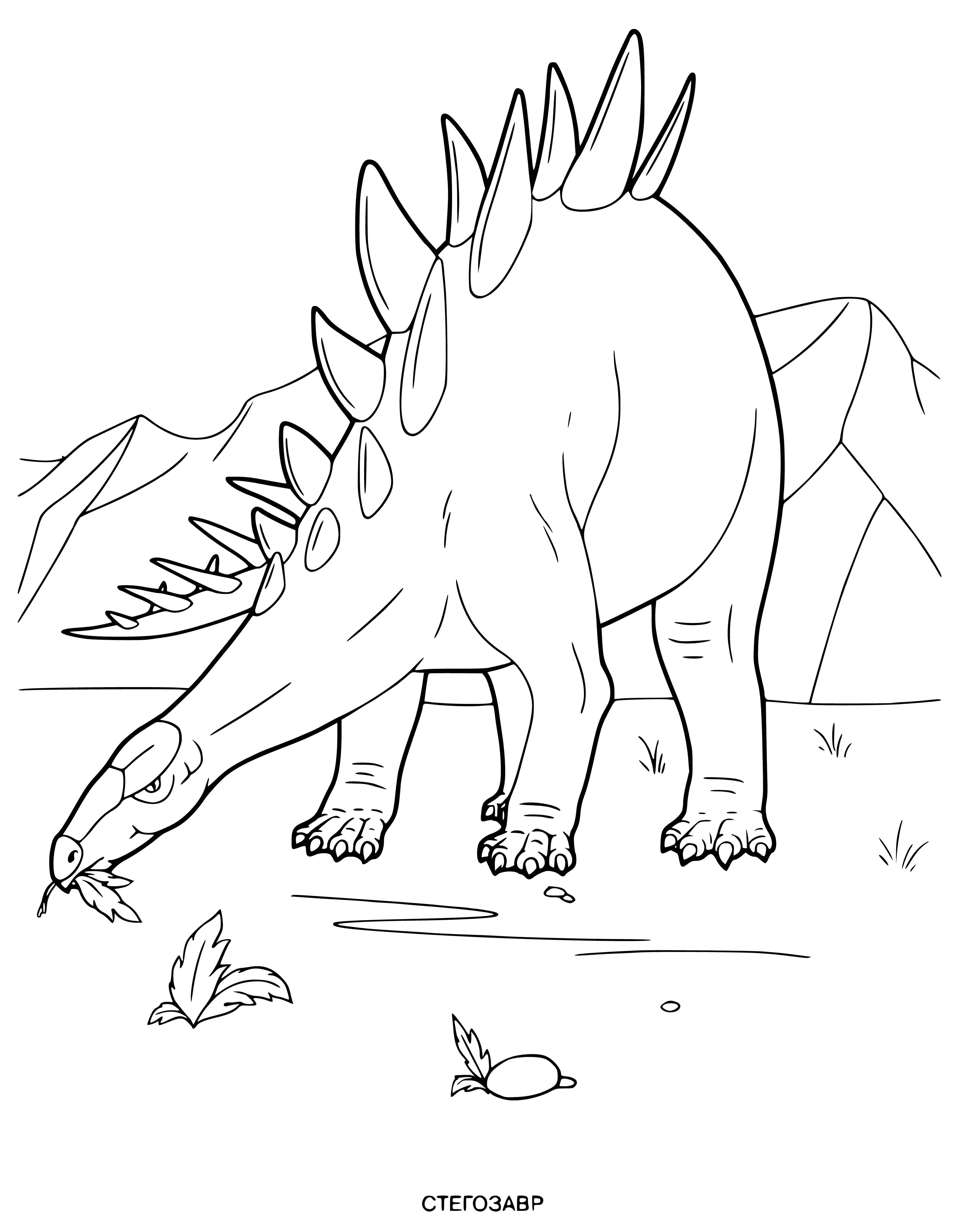 coloring page: Huge green dinosaur with long neck/tail near river, head tilted down. Eyes closed, sharp teeth visible in open mouth.