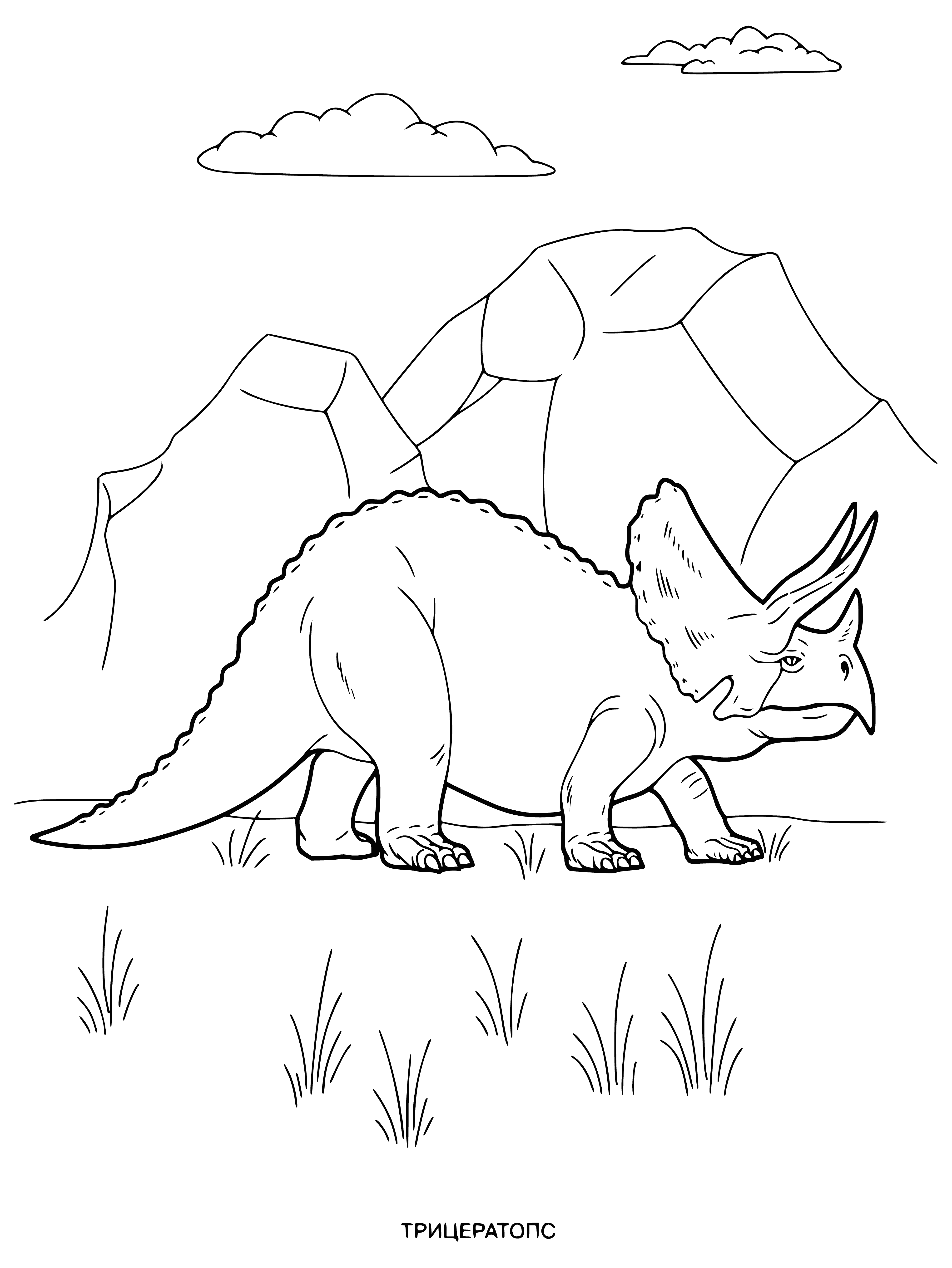 coloring page: Triceratops: large 4-legged creature w/ 3 horns & a long, thin tail. Stands in forest, scales & open mouth. #dinosaurs