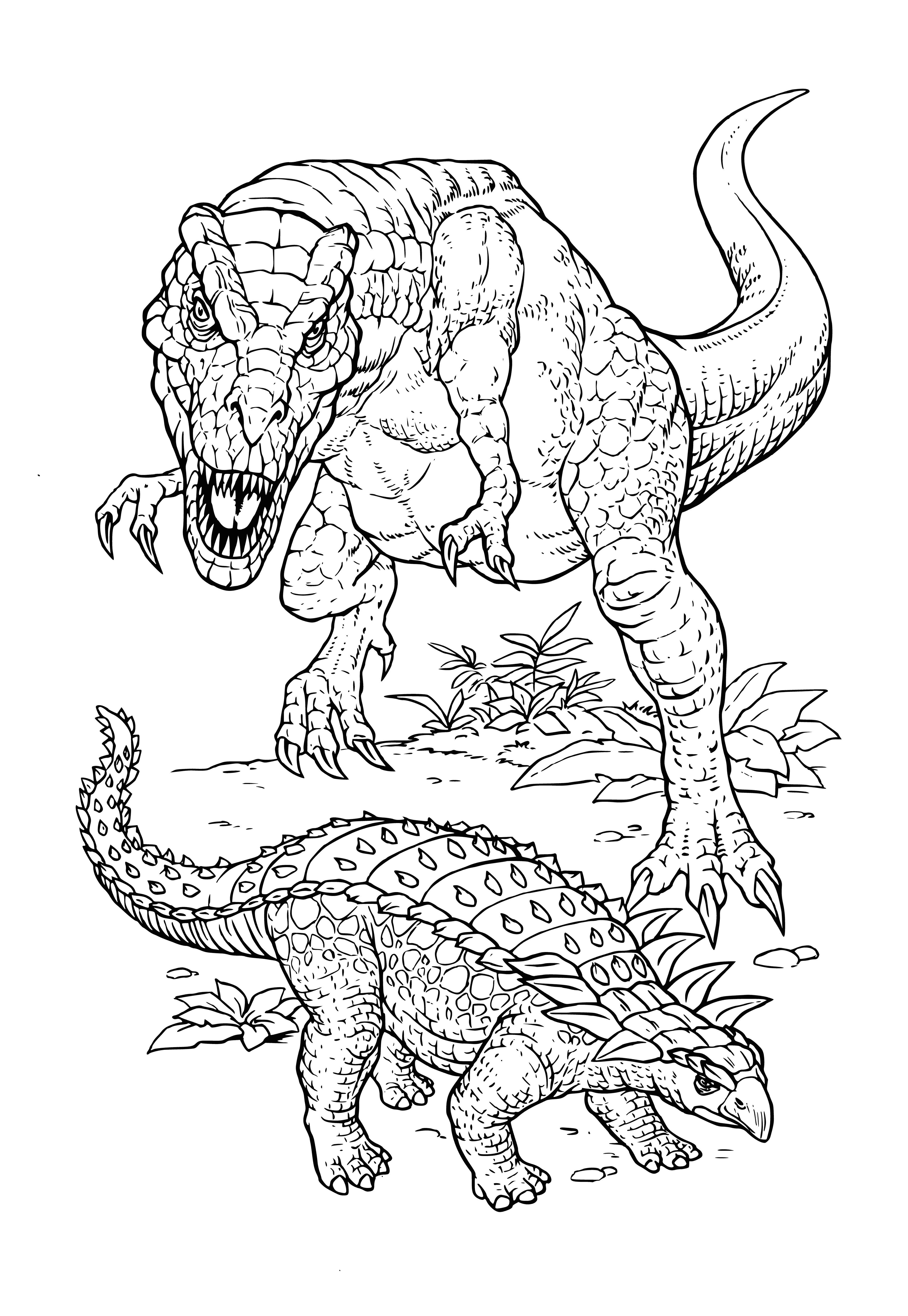 coloring page: T-Rex: ferocious-looking dino w/ huge head, sharp teeth, thick tail, scaly skin & small clawed arms.