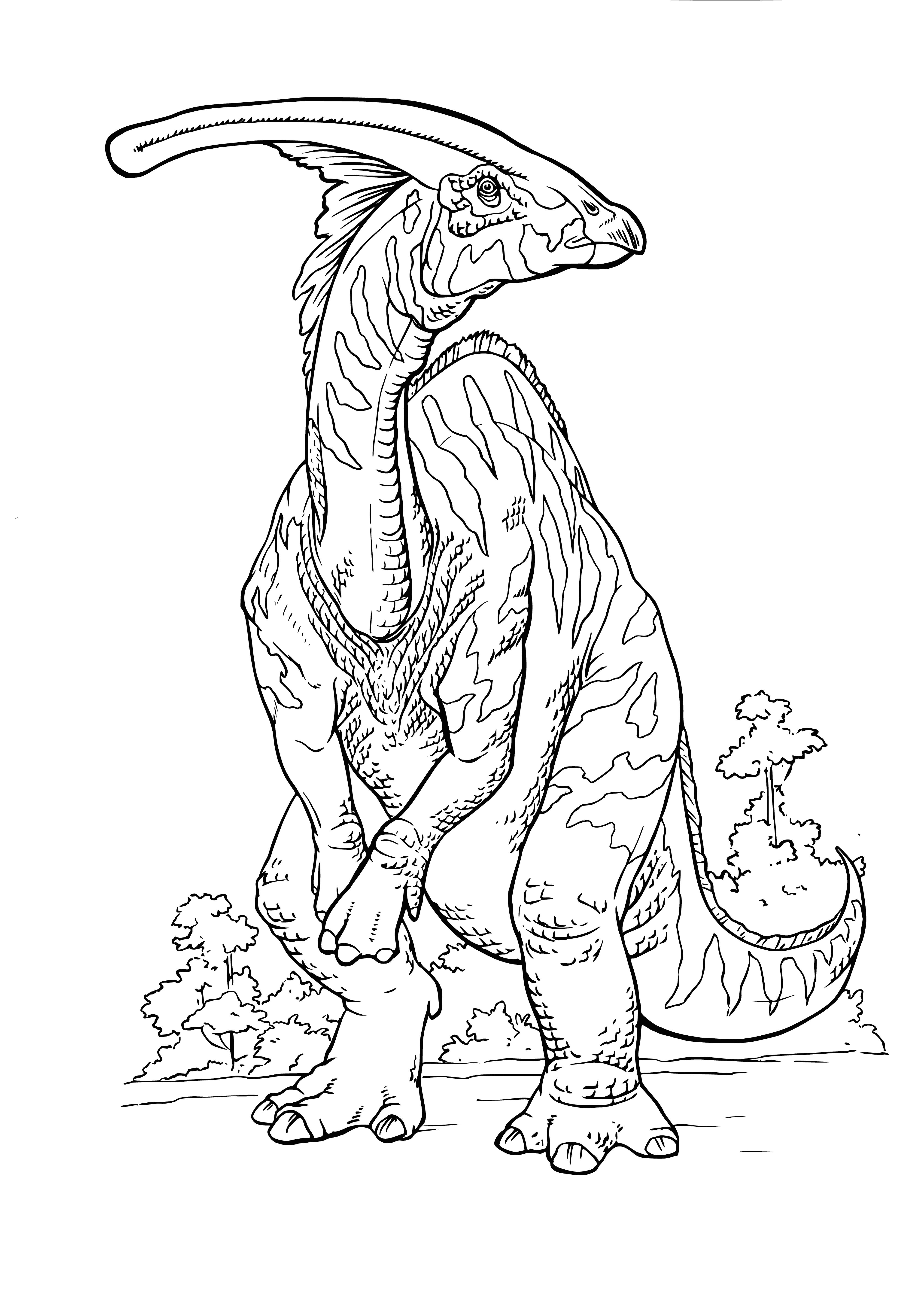 coloring page: Large 4-legged creature with scaly green skin and white belly. Long neck and tail with spikes. Small head.