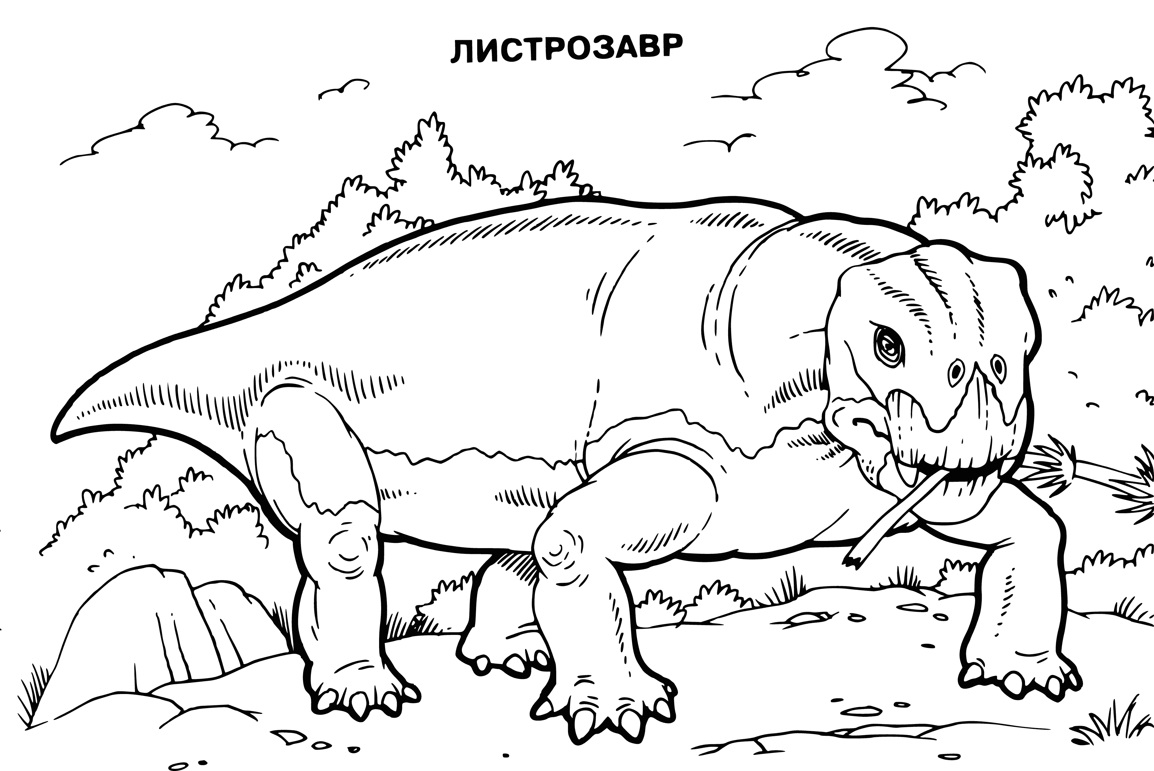 coloring page: Large, green dinosaur with long neck, small head, sharp teeth, spike-covered body, long, thin tail, & 4 short legs.