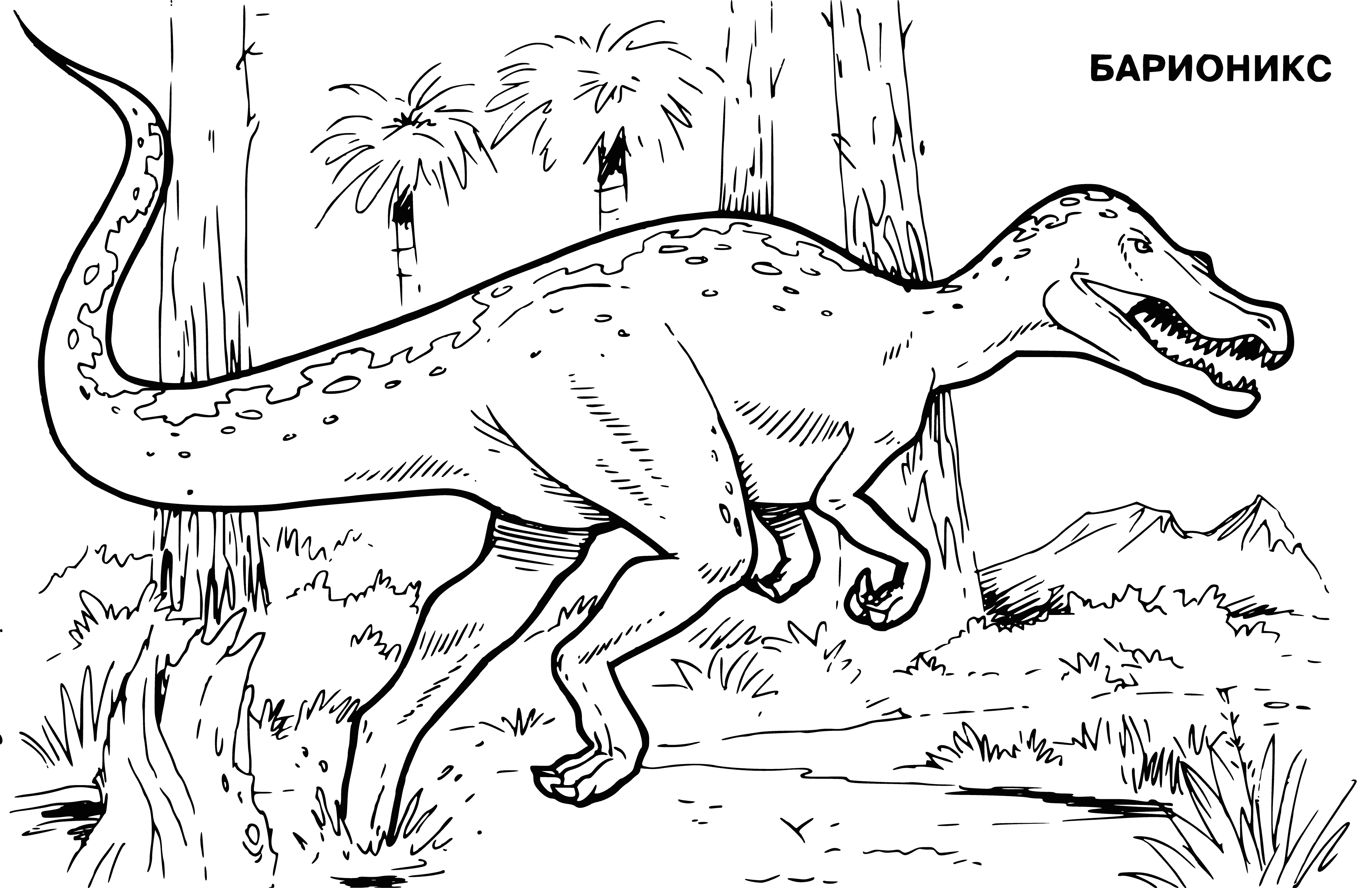 coloring page: Large, four-legged dino with big head, beaked mouth, greenish-brown skin, 3 toes/foot & long, thin tail. Belly lighter in color.