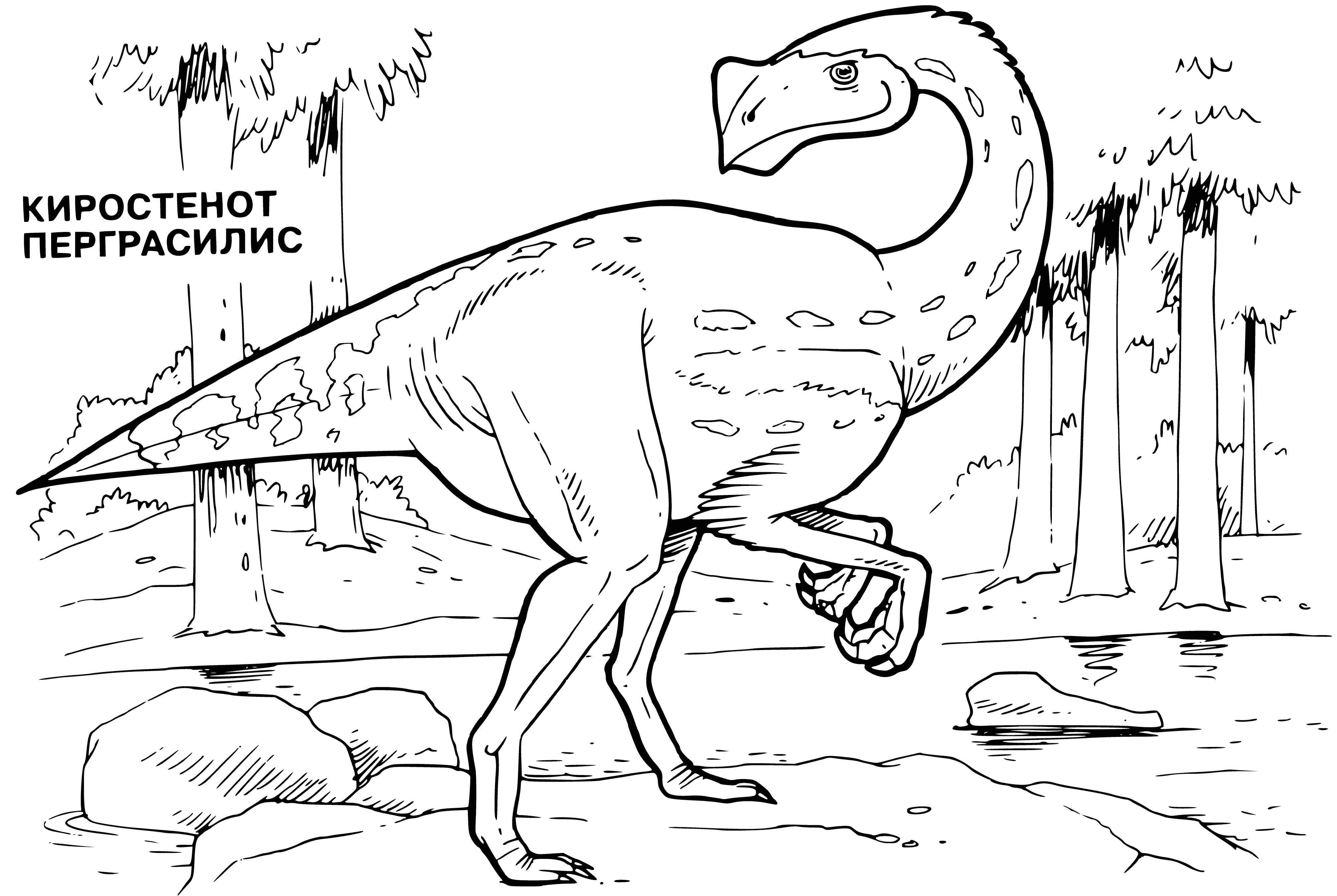 coloring page: Small, spiky-backed dino scuttles along with long tail, small head, beady eyes, small mouth with sharp teeth, & scaly, greenish-brown skin.