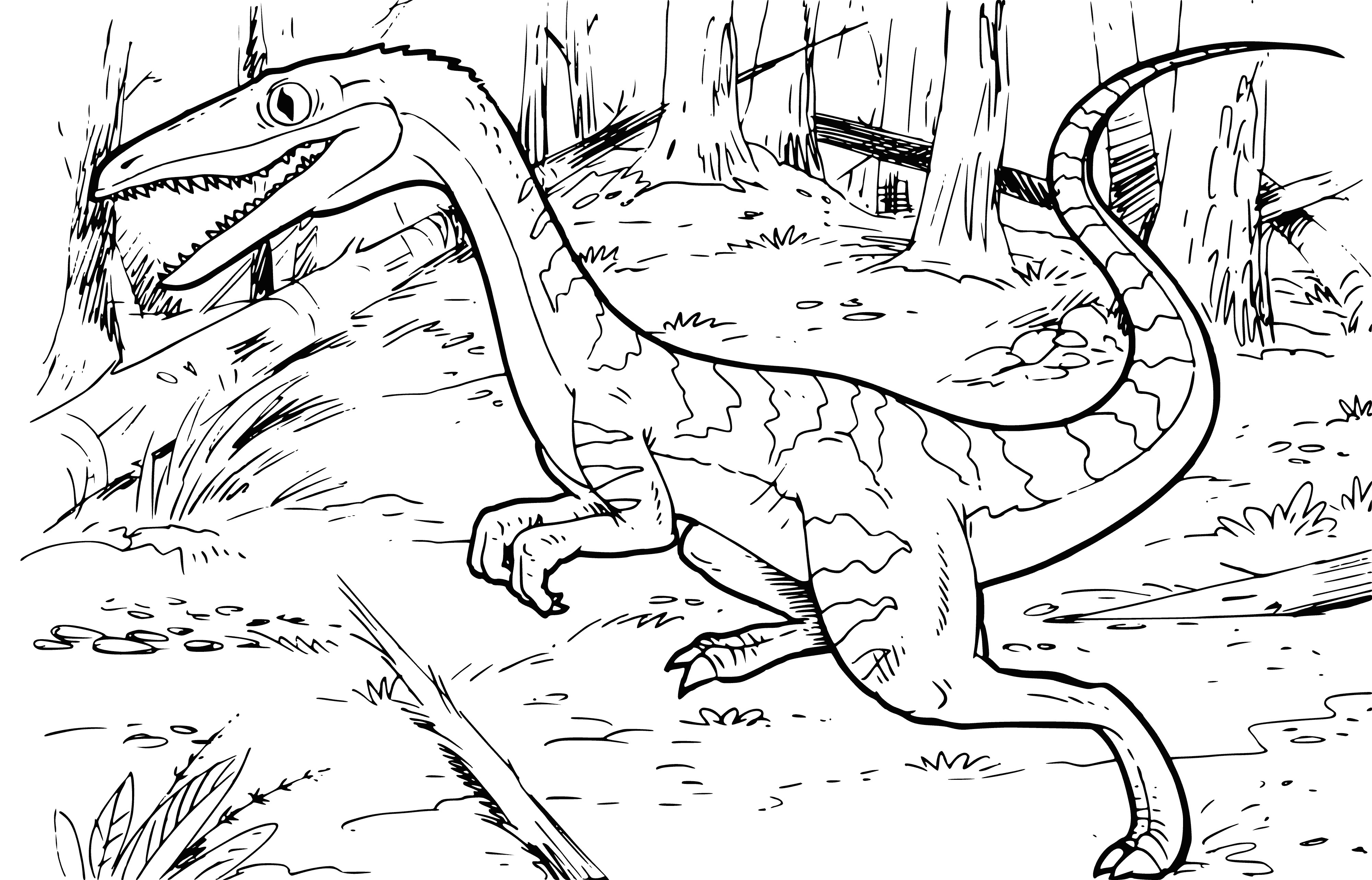 coloring page: Color a small plant-eating dinosaur from the Triassic period with a long neck and tail, beak-like mouth, short legs, and clawed fingers/toes. #DinosaurColoringPage