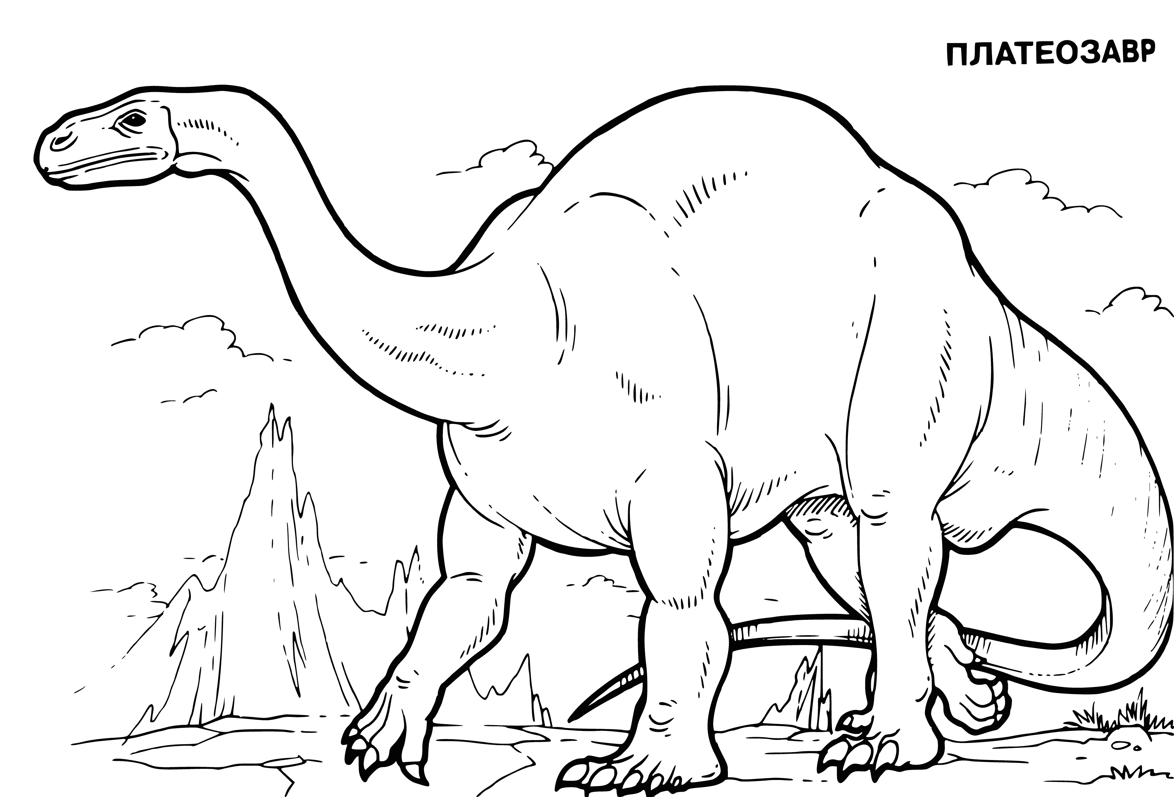 coloring page: Large, herbivore dinosaur with long snout, beak, small eyes, scaly skin, long tail and short legs.