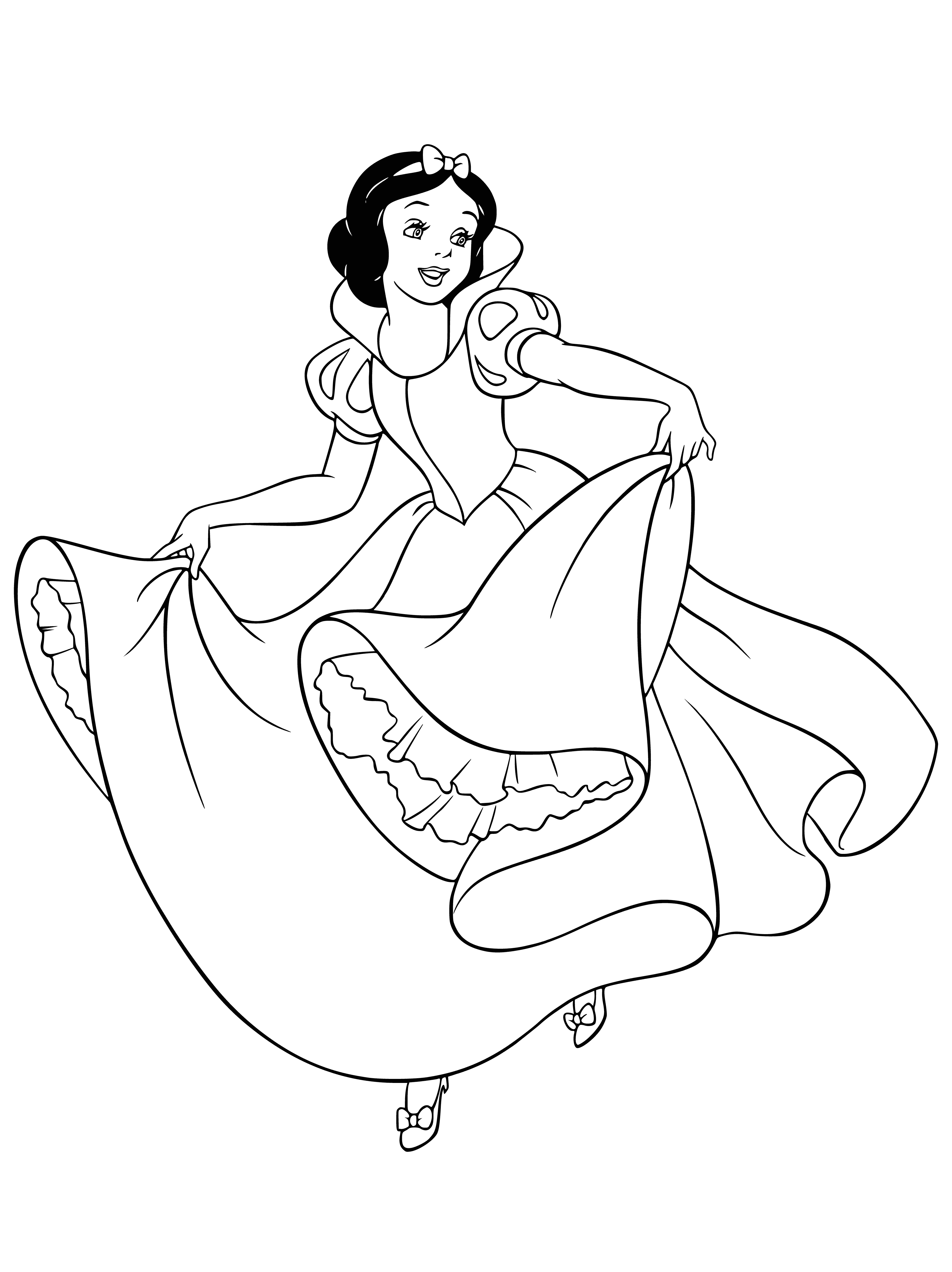 coloring page: Snow White dances with seven dwarfs in a forest clearing, wearing a flowy white dress and her hair loose. The dwarfs watch her, smiling as she laughs and enjoys herself.
