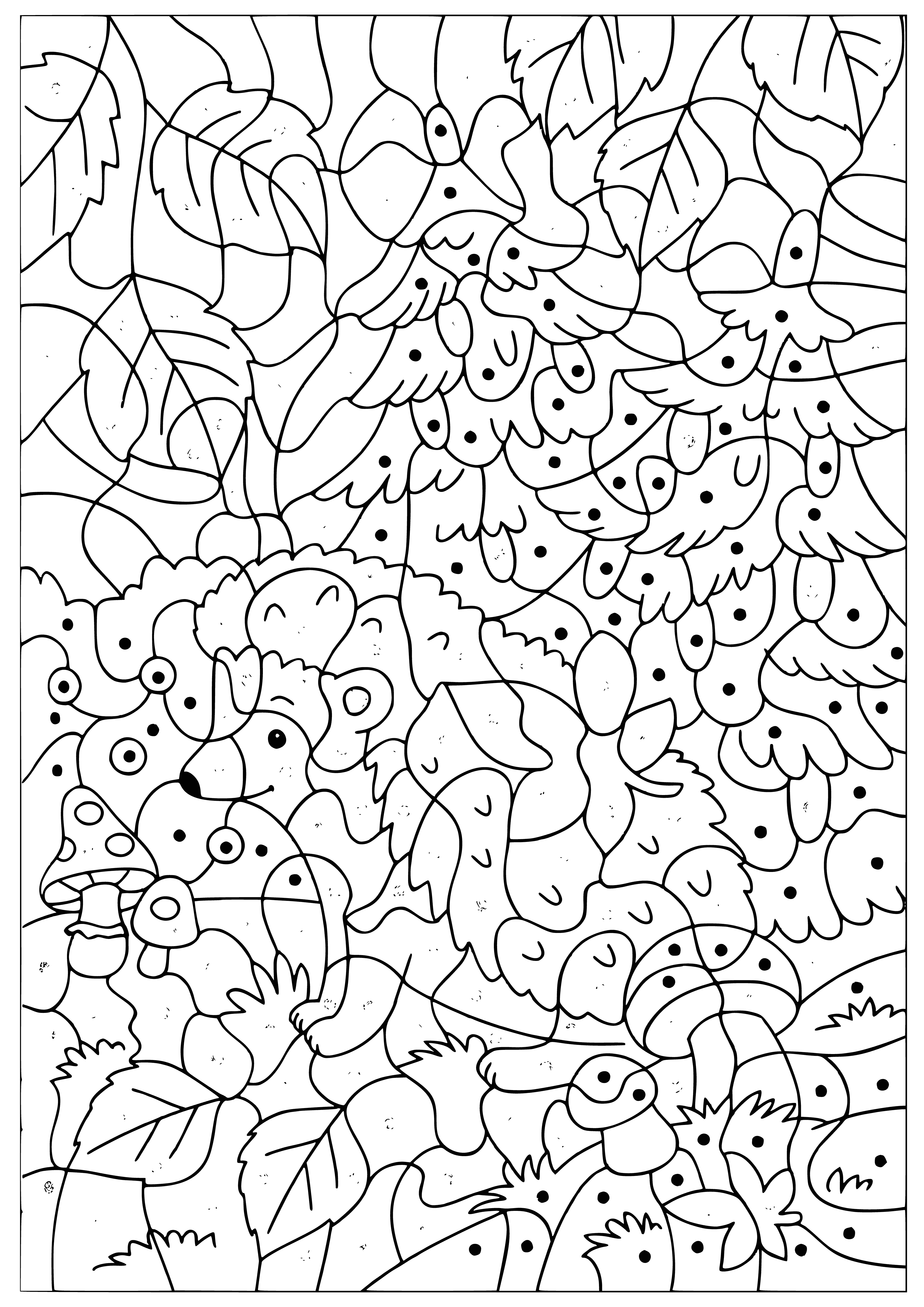 coloring page: Hedgehog stands in forest, holding magic wand, with balls of light floating around.