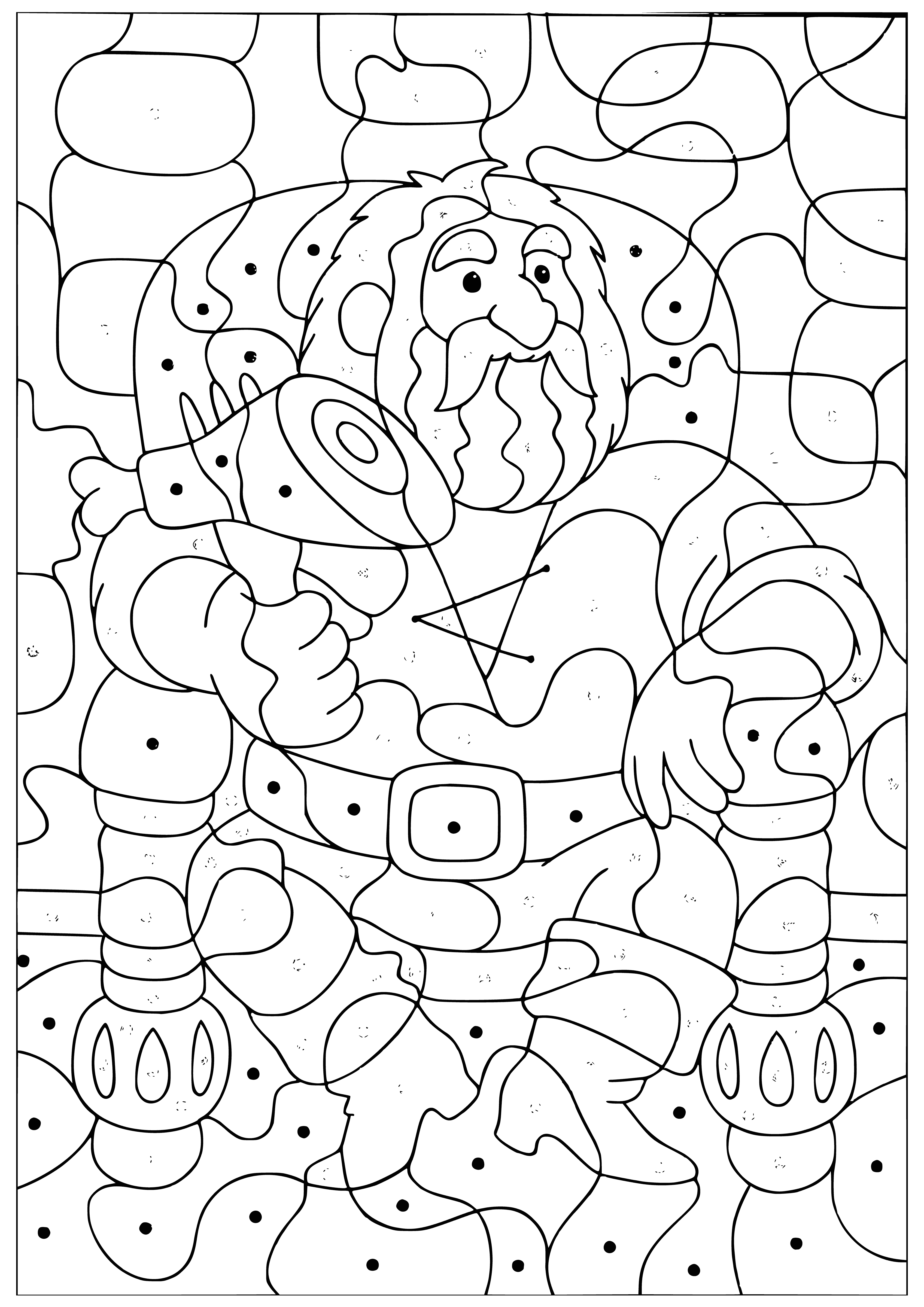 coloring page: Villager in center of page, hut on left, fire/pot on right with human skull on stick.