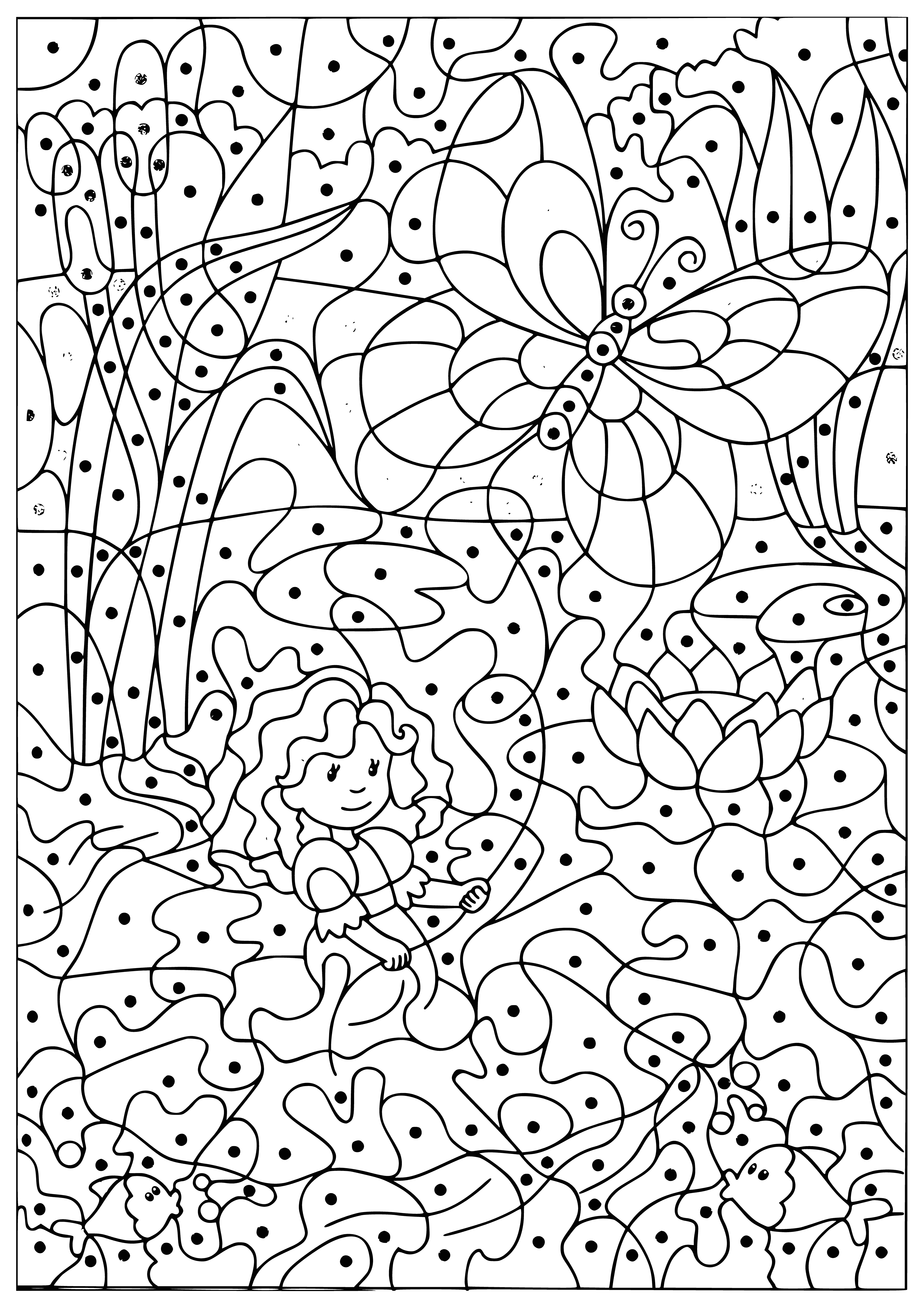 coloring page: Girl in field of flowers with wings, holding blossom: peaceful, free, and joyful.