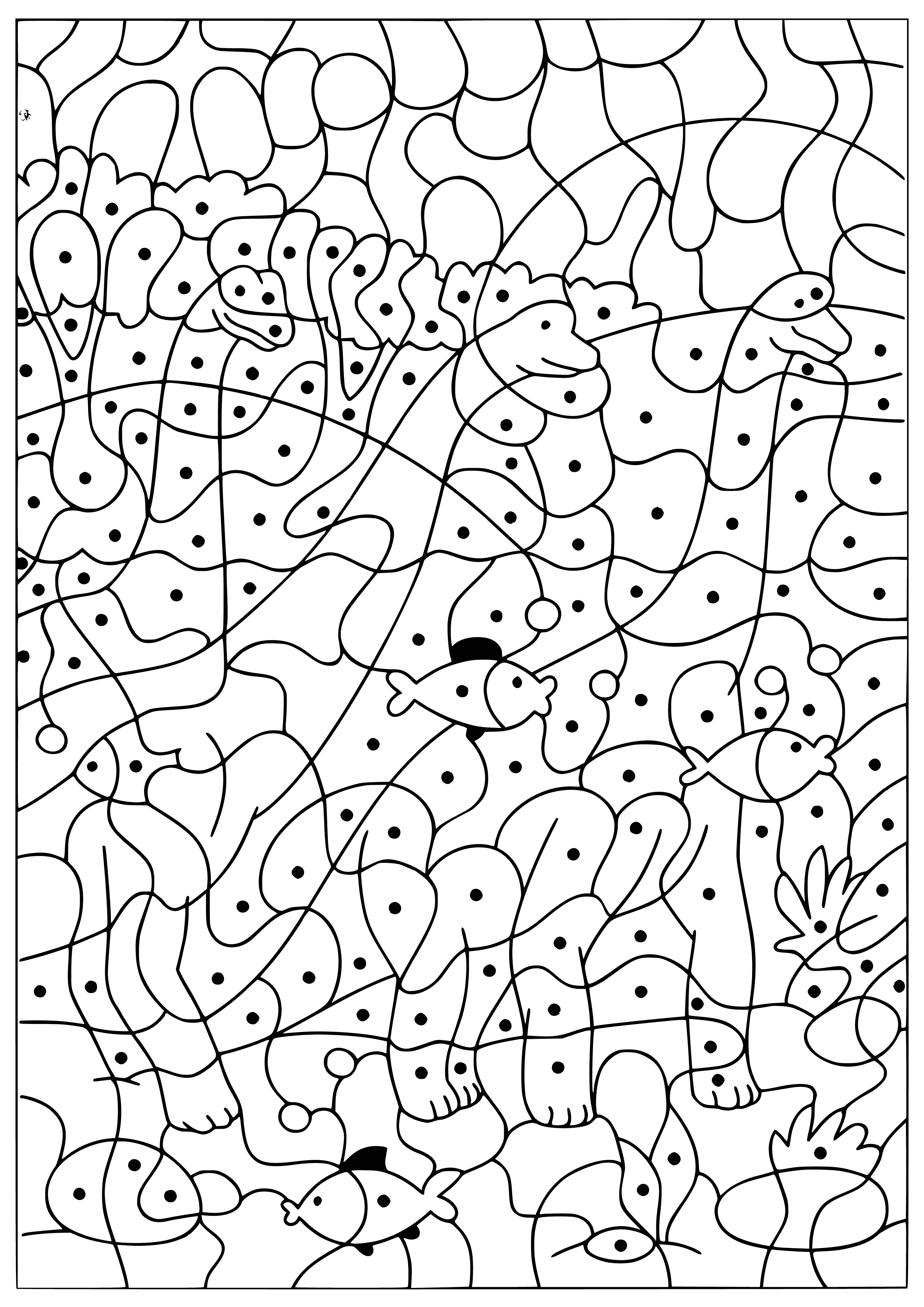 coloring page: --> A large green sauropod surrounded by brightly-colored, smaller dinos eating leaves & playing happily in a prehistoric scene.