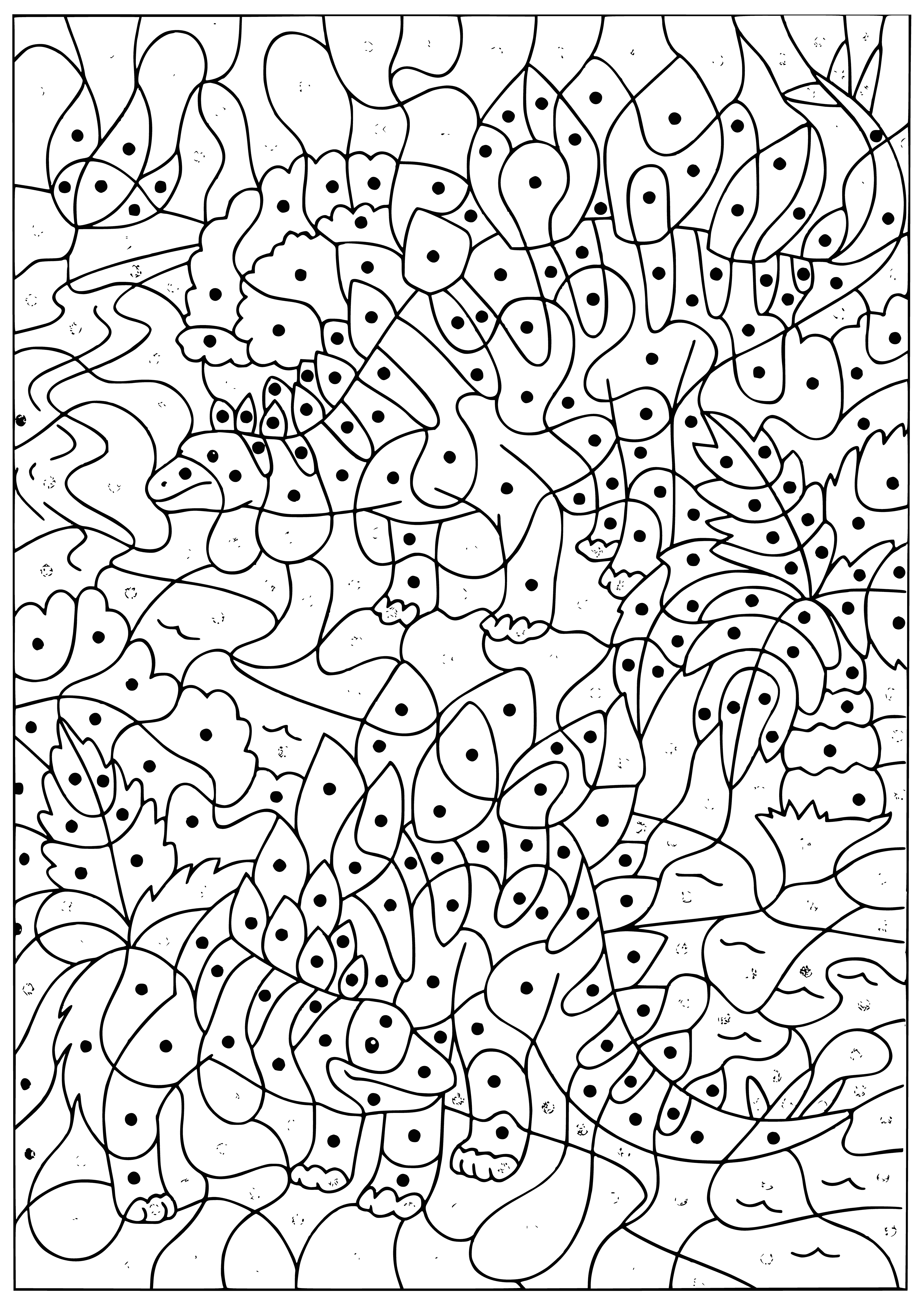 coloring page: Gathering around a pool, dinosaurs of various colors explore a green island with a tree in its center.