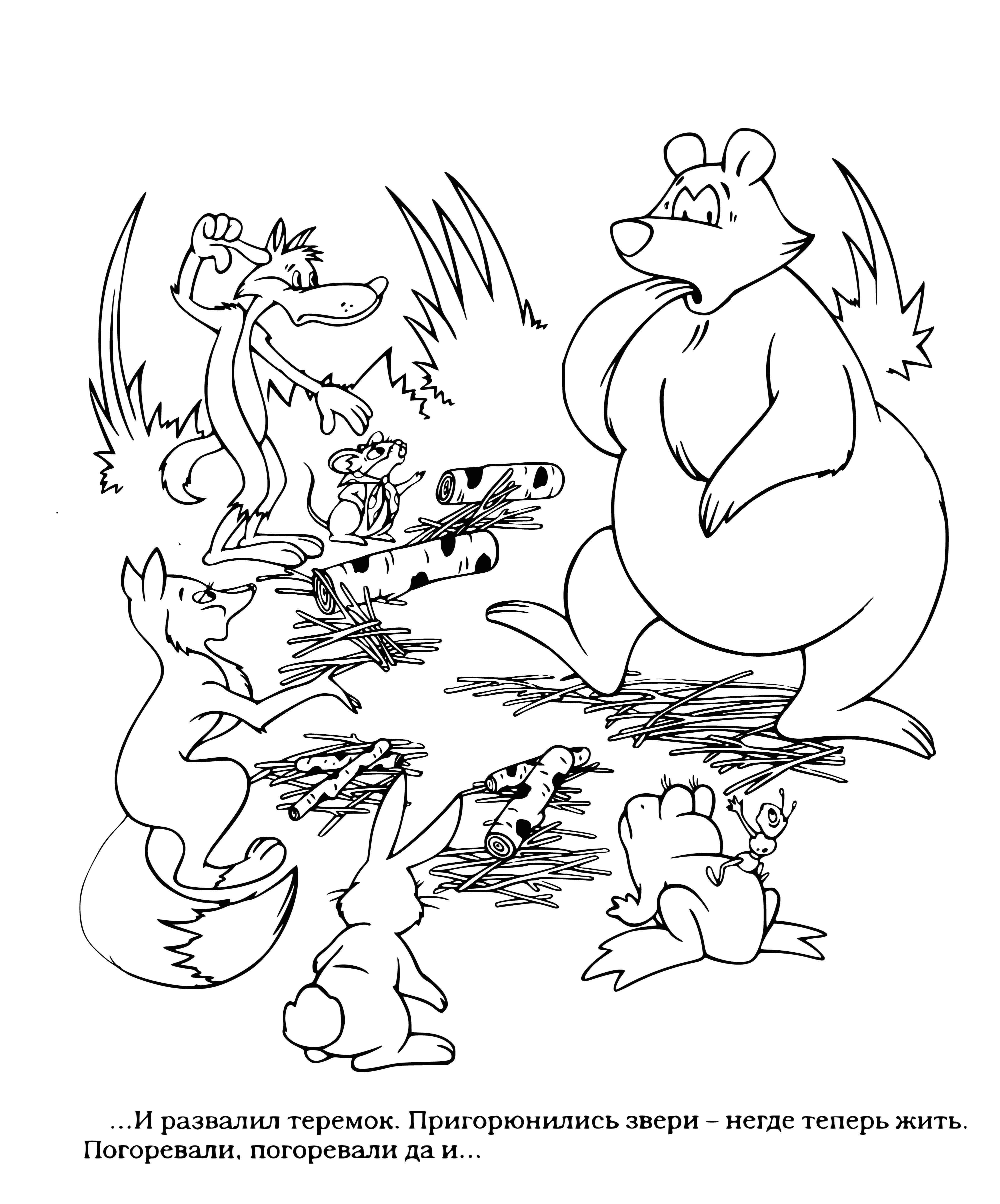 coloring page: Two farmers find a teremok, which appears unstable. One farmer jumps up and down and it falls over, proving him right.