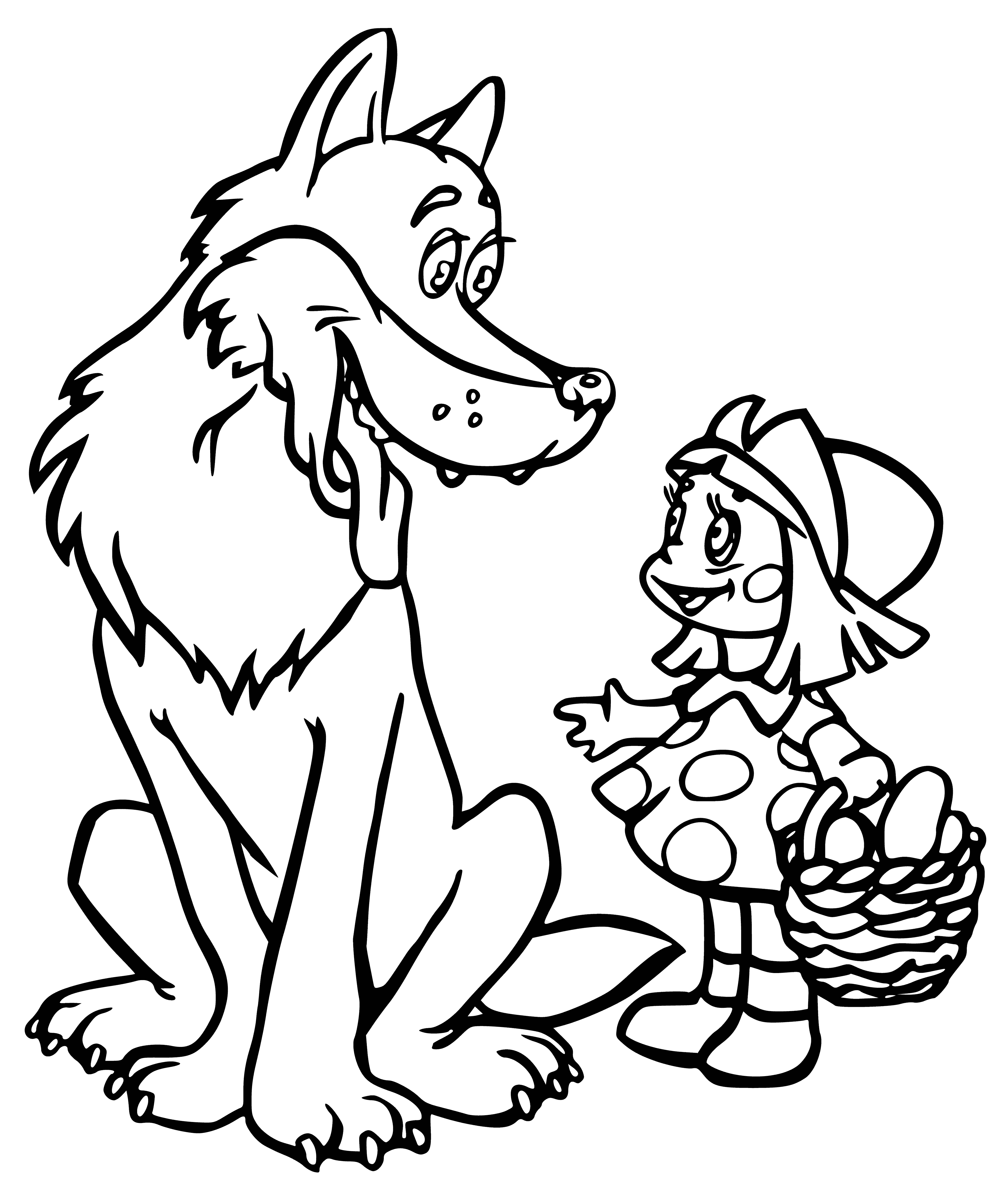 coloring page: Little girl in red cloak skips through forest with basket; wolf watches.