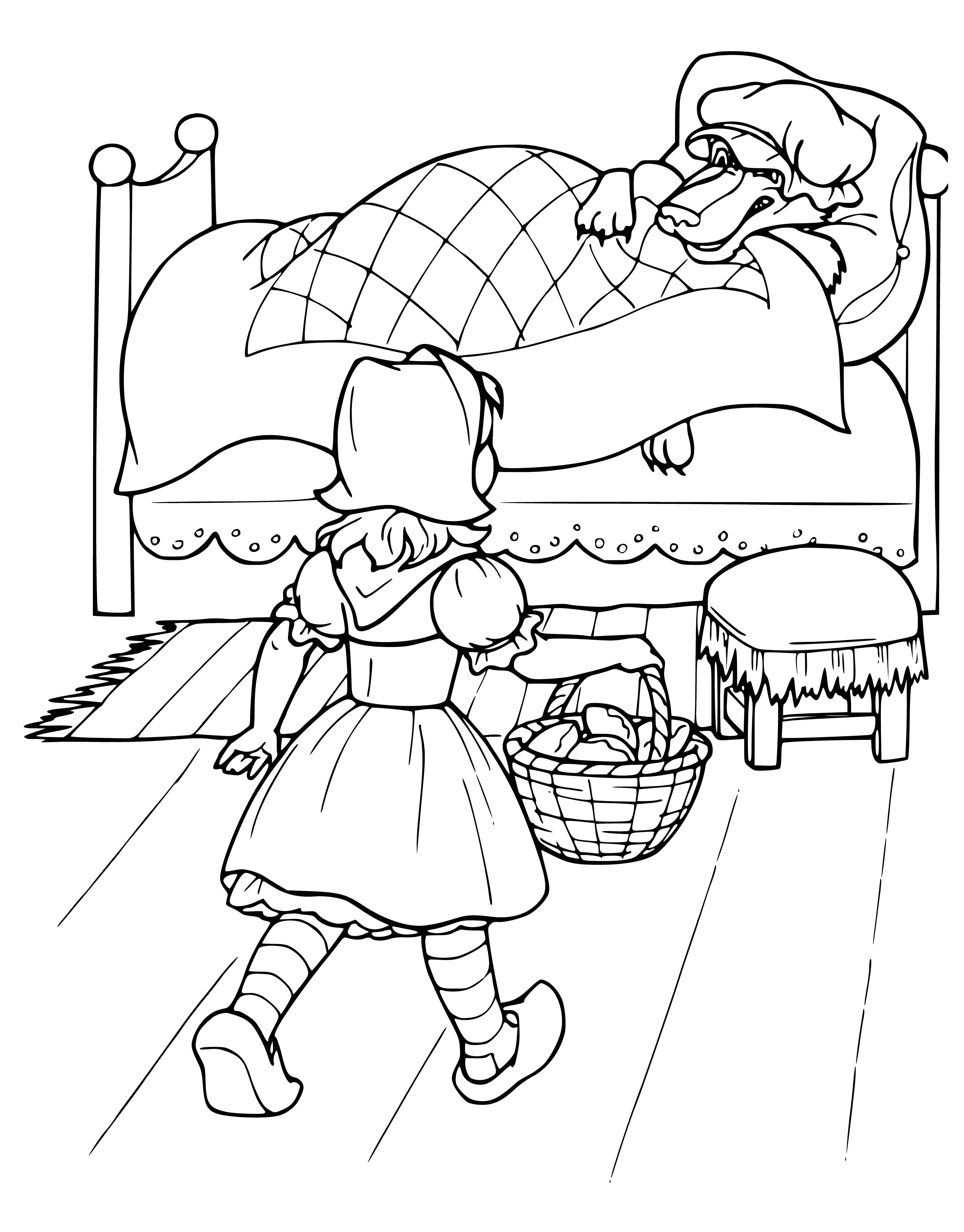 coloring page: Girl in red hooded cape walks through forest w/ basket, followed by wolf.