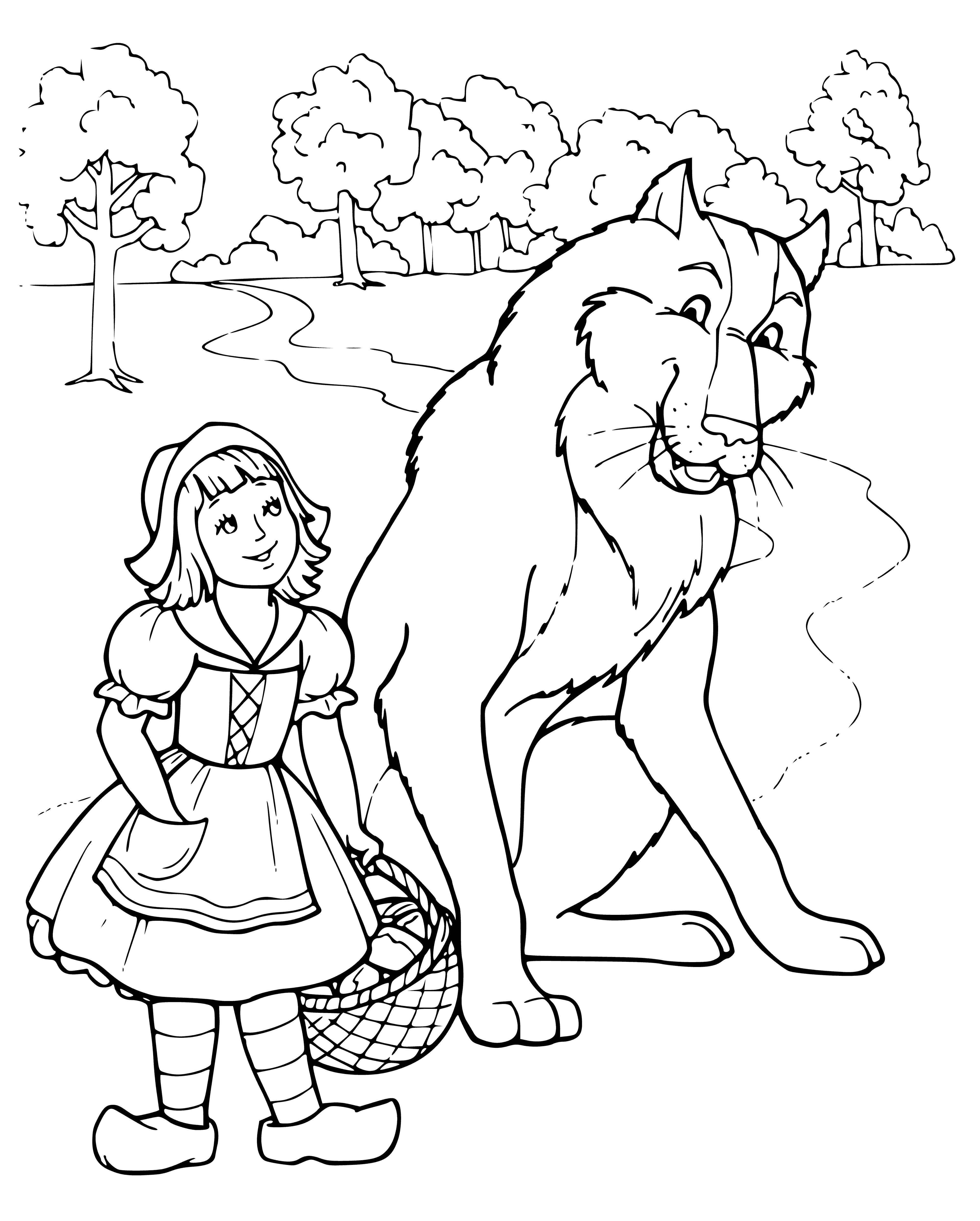 coloring page: Little girl in red cape in forest looks at wolf lying in grass with big mouth & sharp teeth.