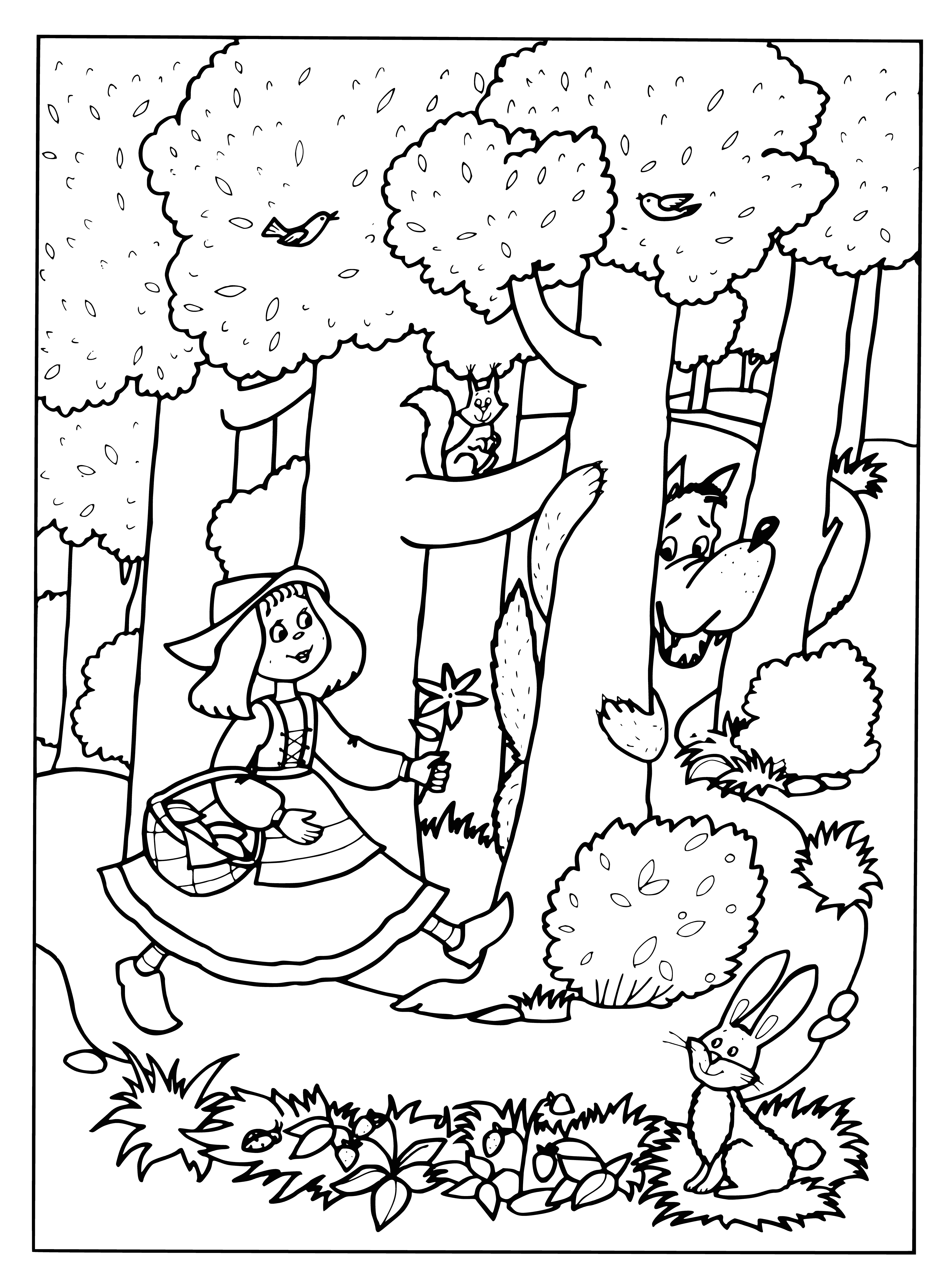 coloring page: Little girl in red riding hood goes through woods, carrying food basket and sees wolf looking at her.