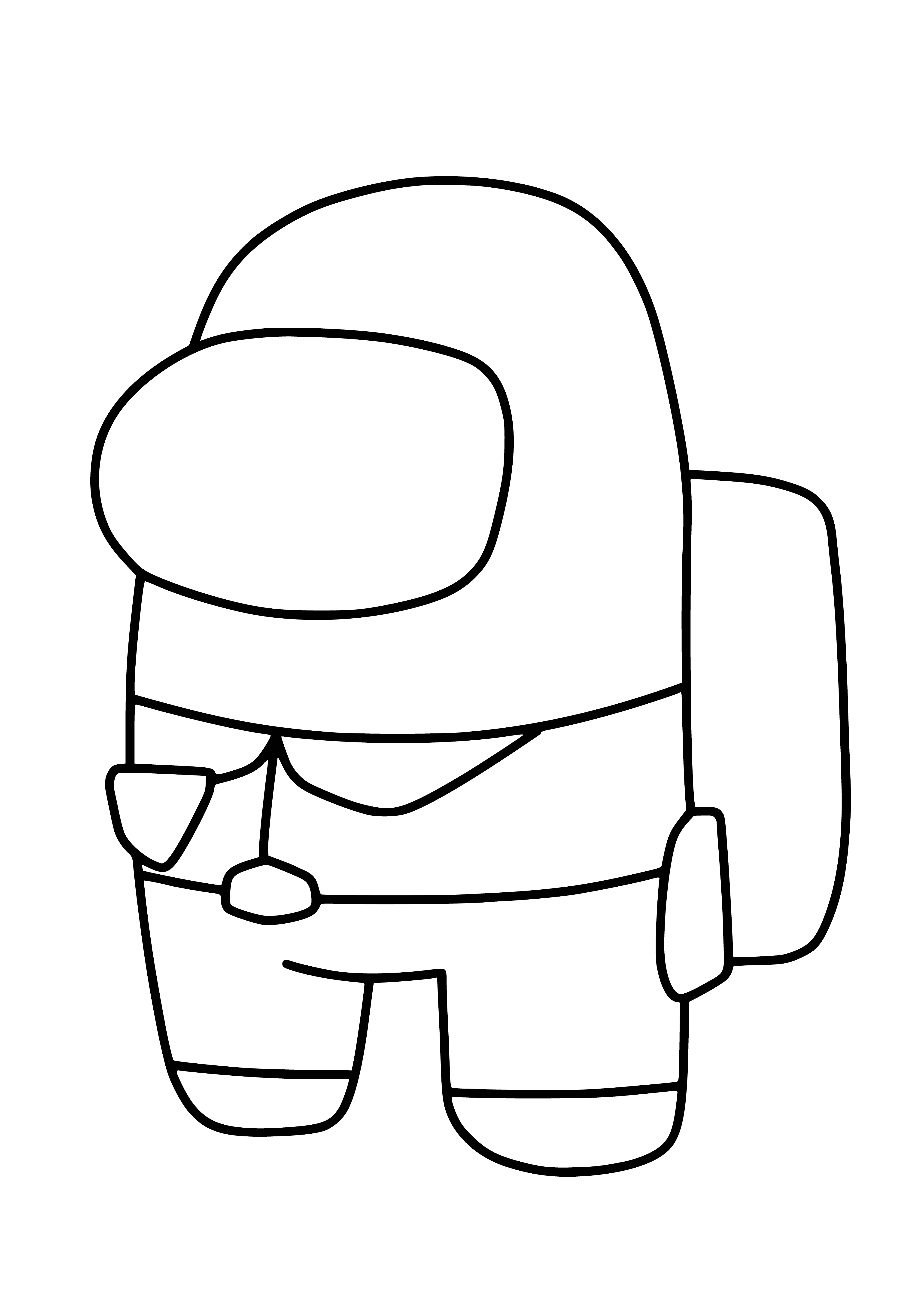 coloring page: Central character in red suit with white stripes, 4 others in gray suits in circle around it on white surface. All with rectangular heads and 2 black eyes.