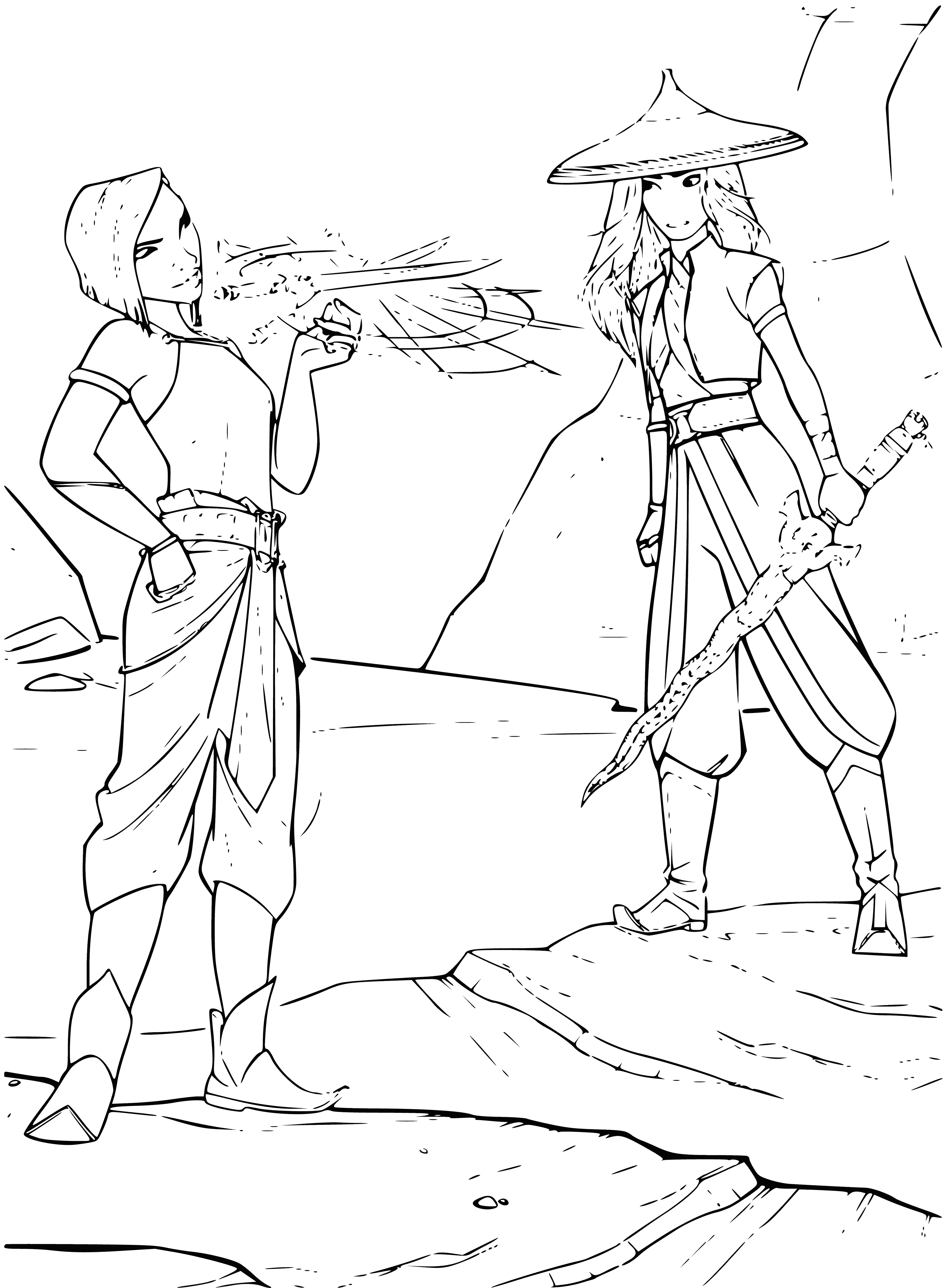 coloring page: Namari and Raya stand in a forest, warrior and dragon united by their courage. #AdventureAwaits