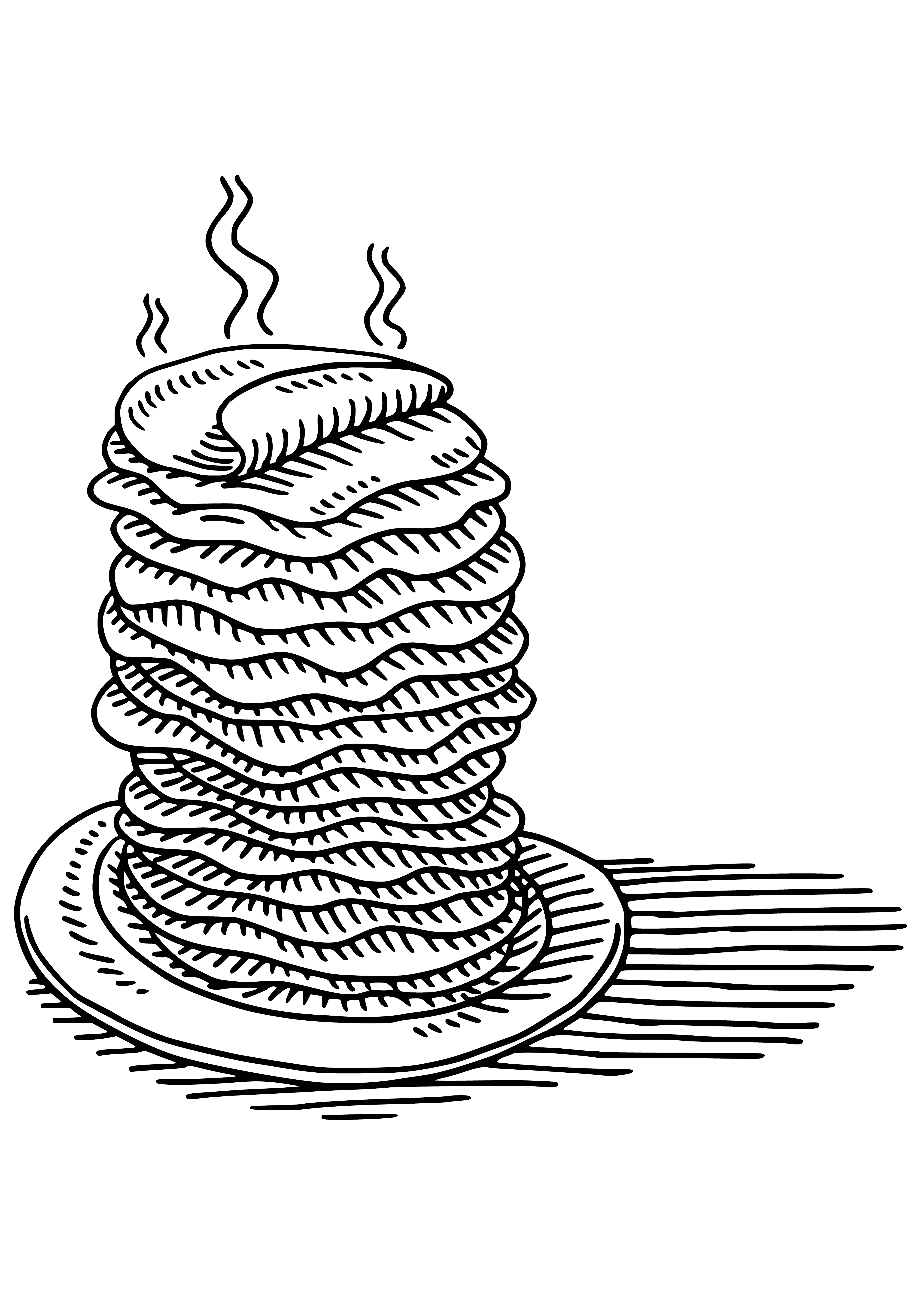 coloring page: Coloring page: hot stack of golden-brown pancakes with syrup & fork sticking out. #ColorfulPancakes