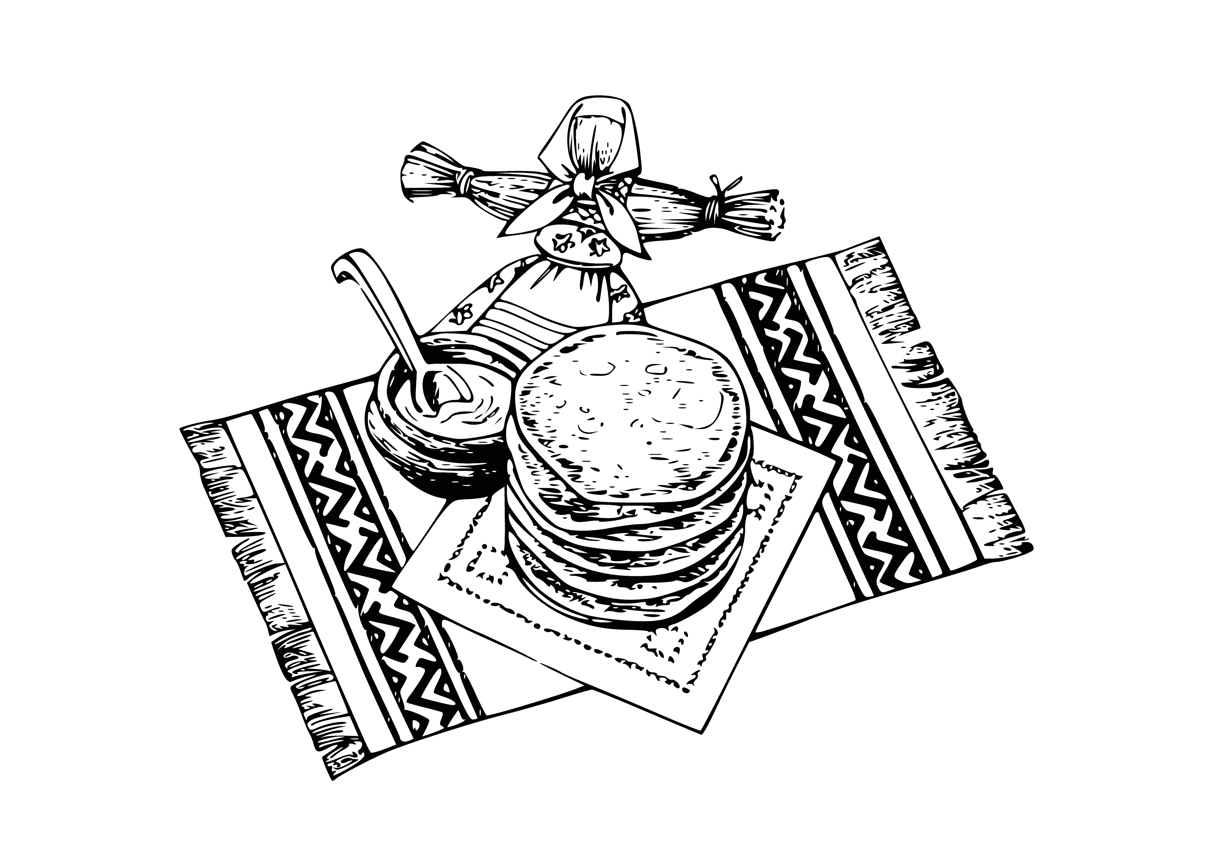 coloring page: Coloring page of woman cooking pancakes while text reads "Pancake Week - Shrovetide". Have fun during the festival!