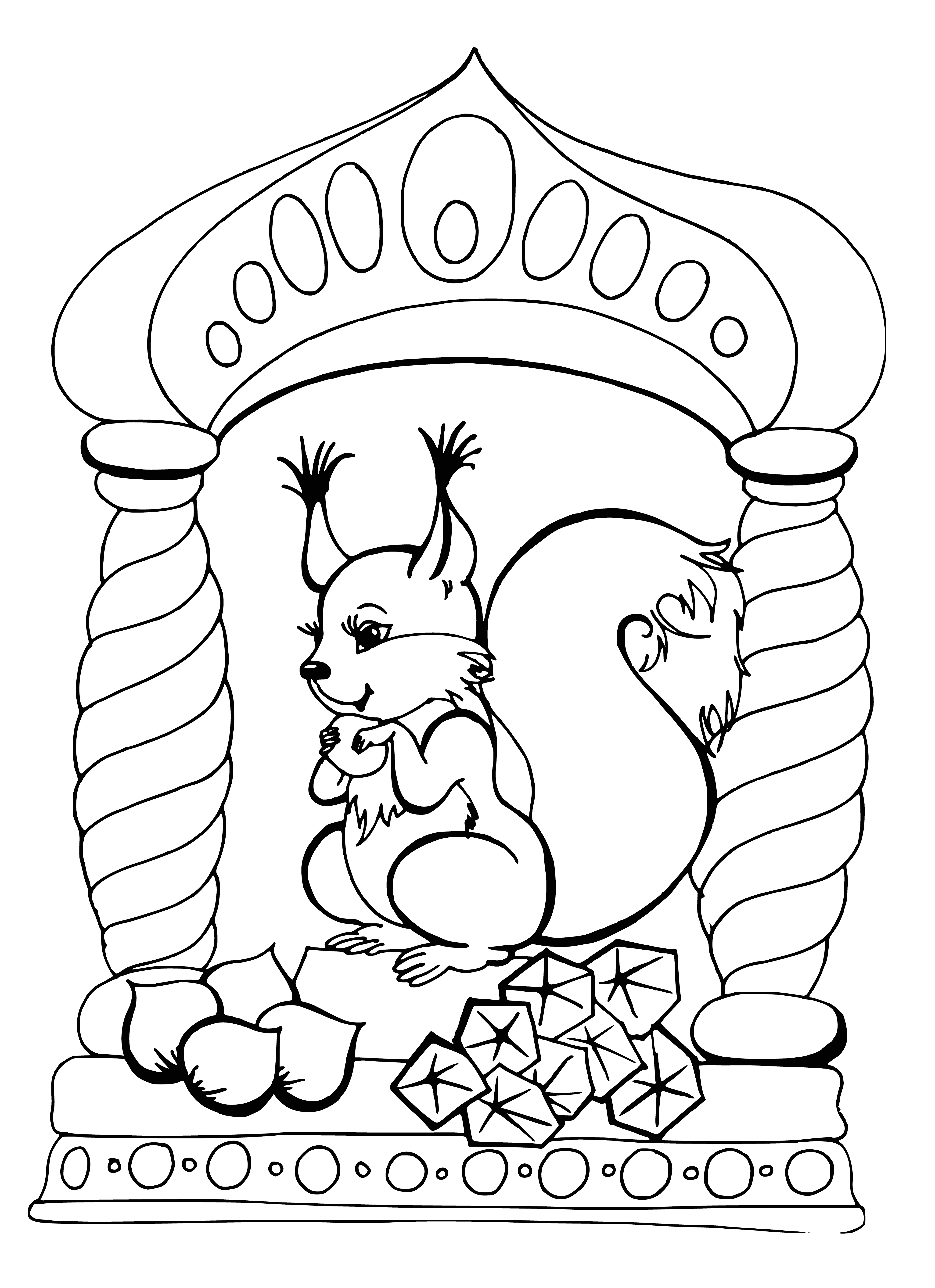 coloring page: Squirrel perched atop tree branch eating something, background of trees/mountains. Acorns scattered at base of tree. #ColoringPage