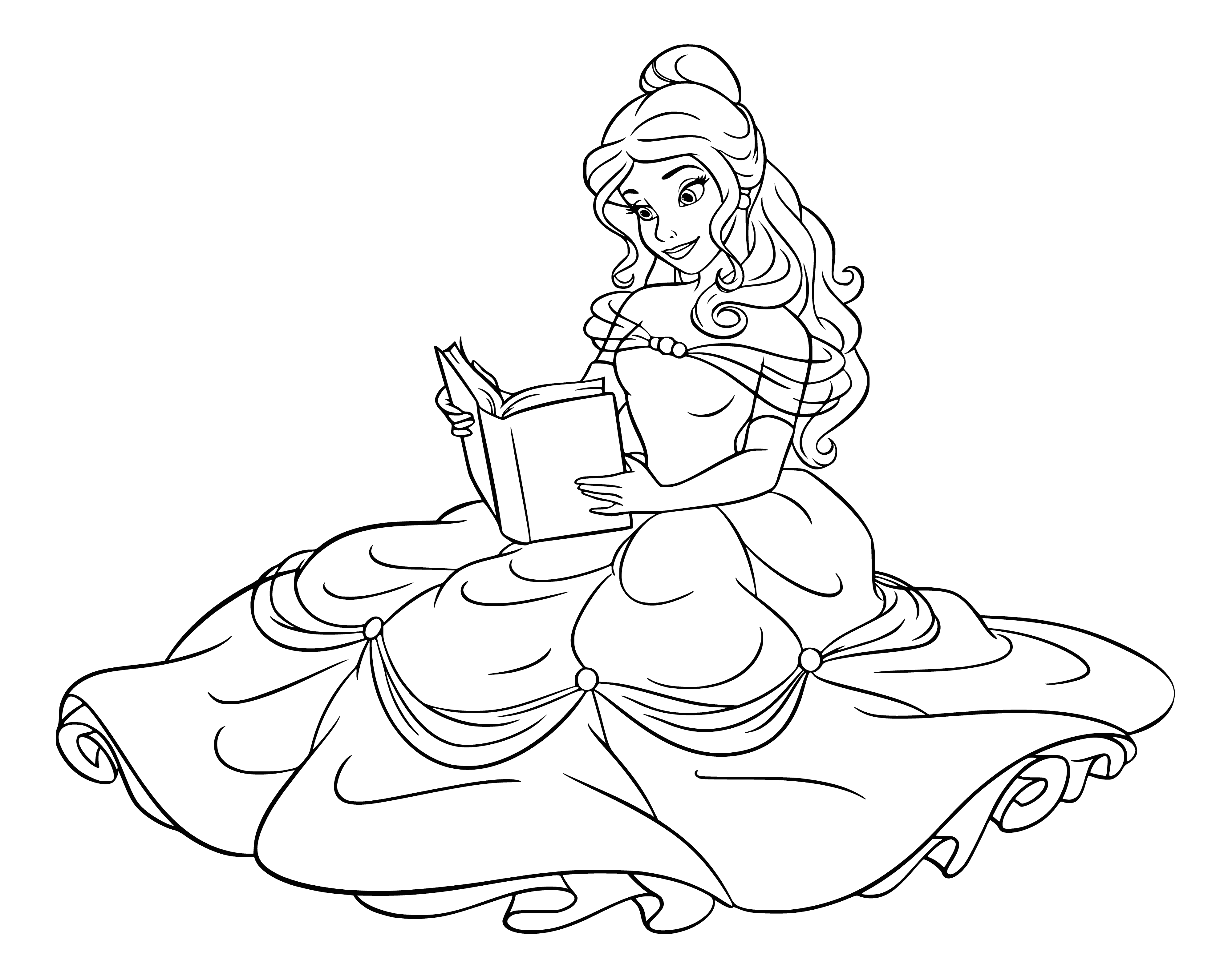 coloring page: Belle looks lost in thought, content & gentle as she reads in a yellow dress & white apron adorned with a rose.