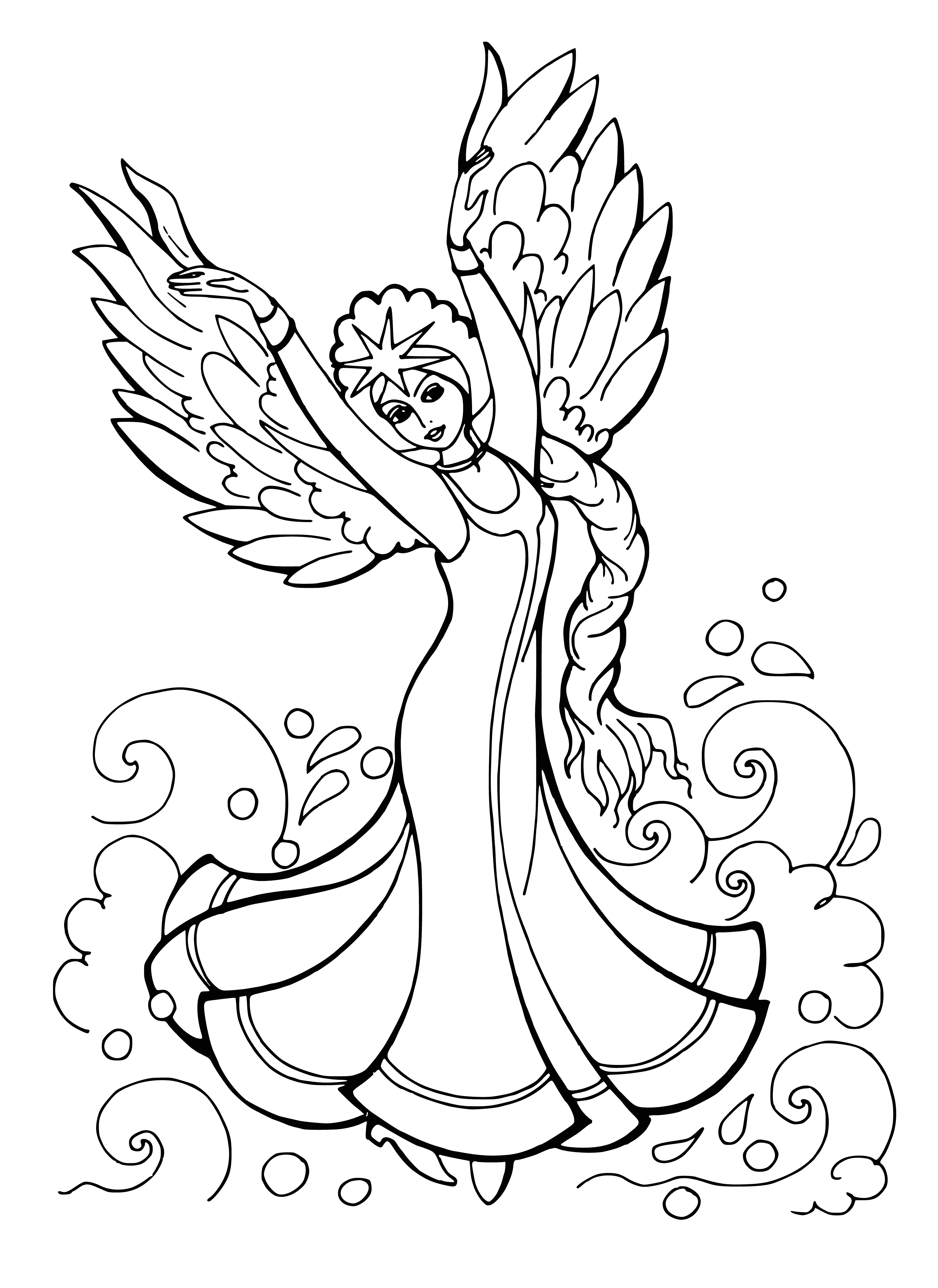 coloring page: Girl in white dress sits on lake rock with arms around knees, looking up. Backdrop of mountains and trees.