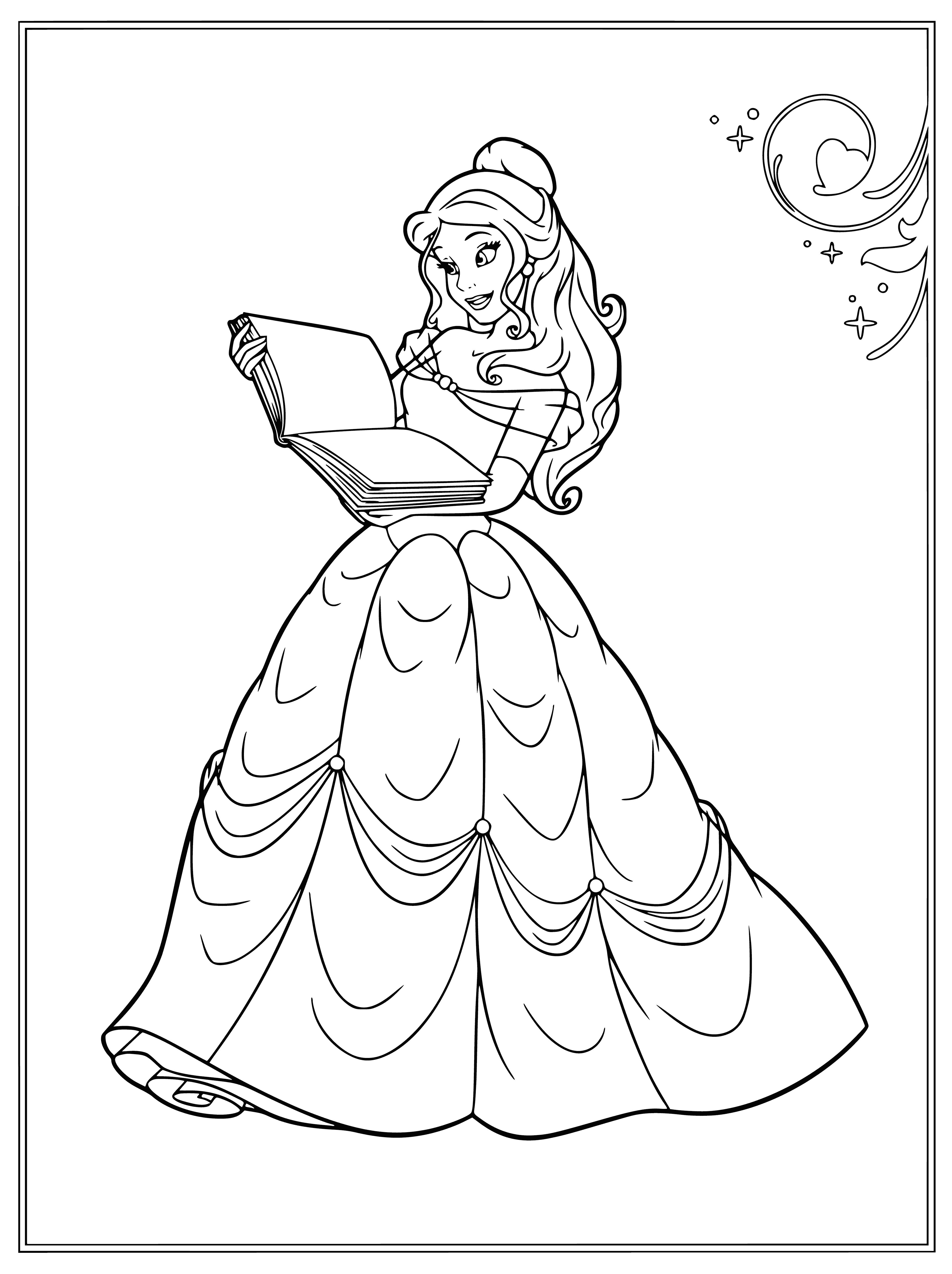 coloring page: Belle stands in a library-like room, holding a book and looking at it intently, with more books stacked on a table.