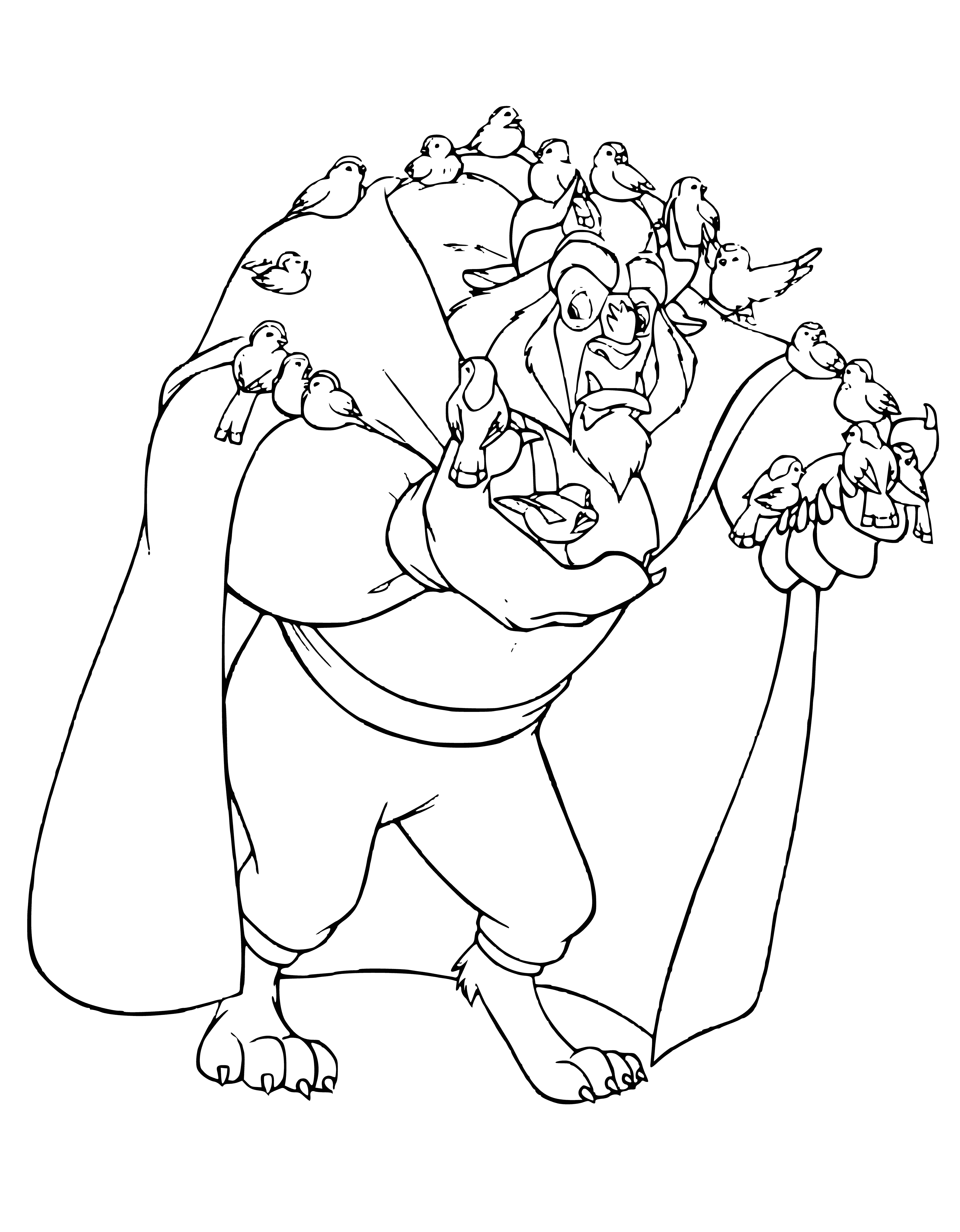 coloring page: Beast kneels, surrounded by birds, sharing a bag of food.
