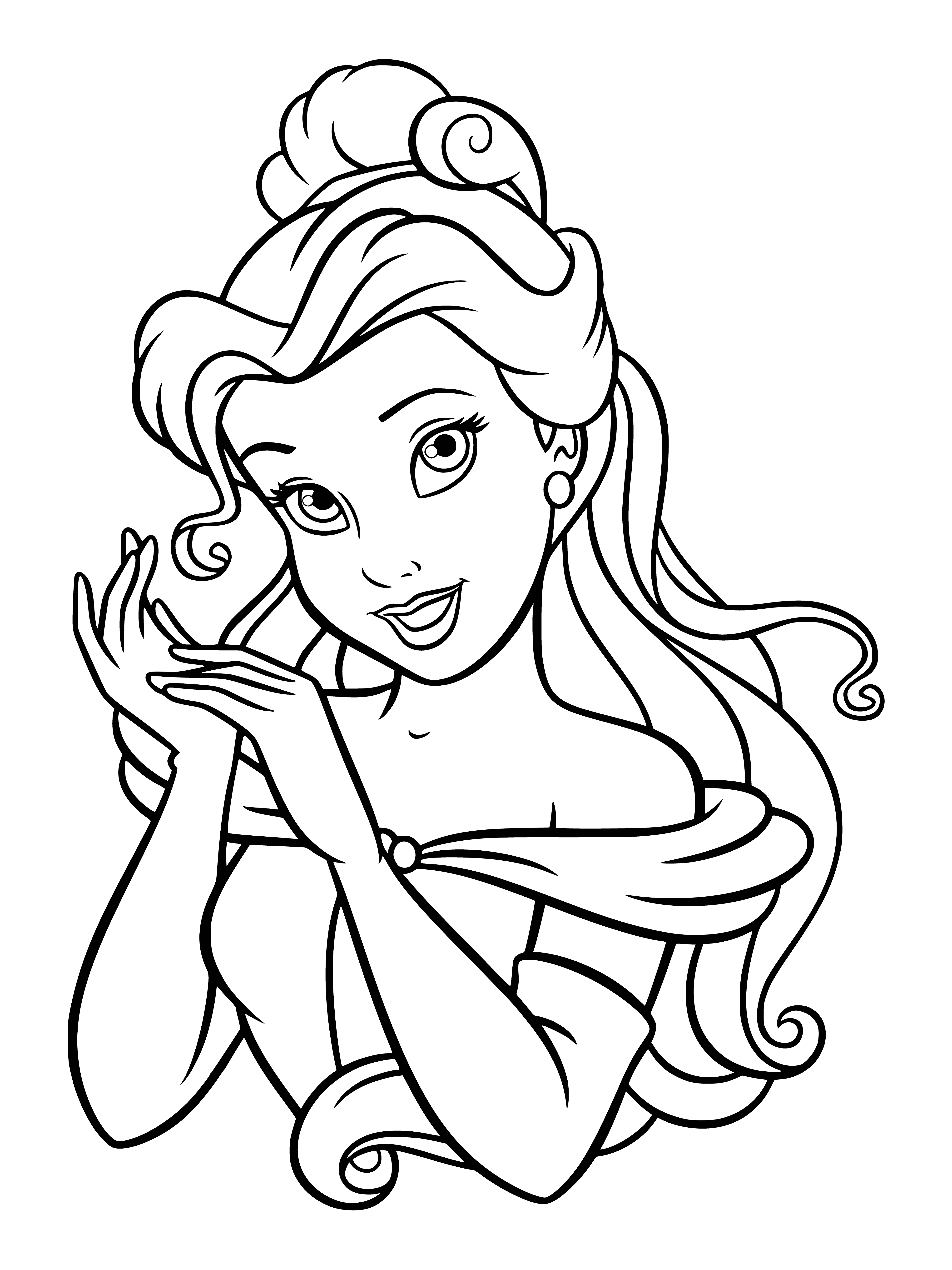coloring page: Woman looks at a blue, furry creature with horns, yellow eyes and two arms standing on two legs.