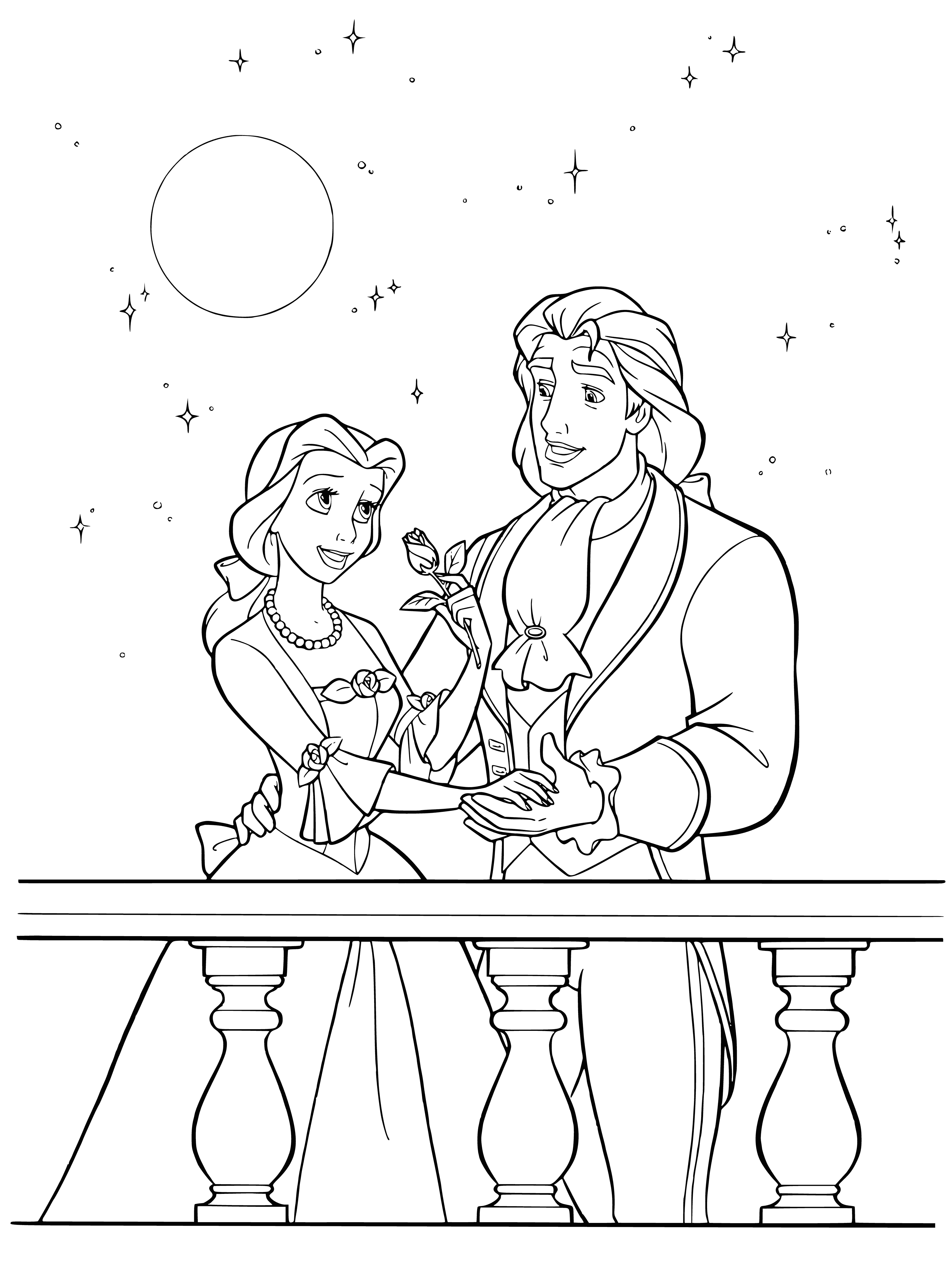 coloring page: Prince stands before the beast, handing him a key to the now open castle door, sunlight streaming in.