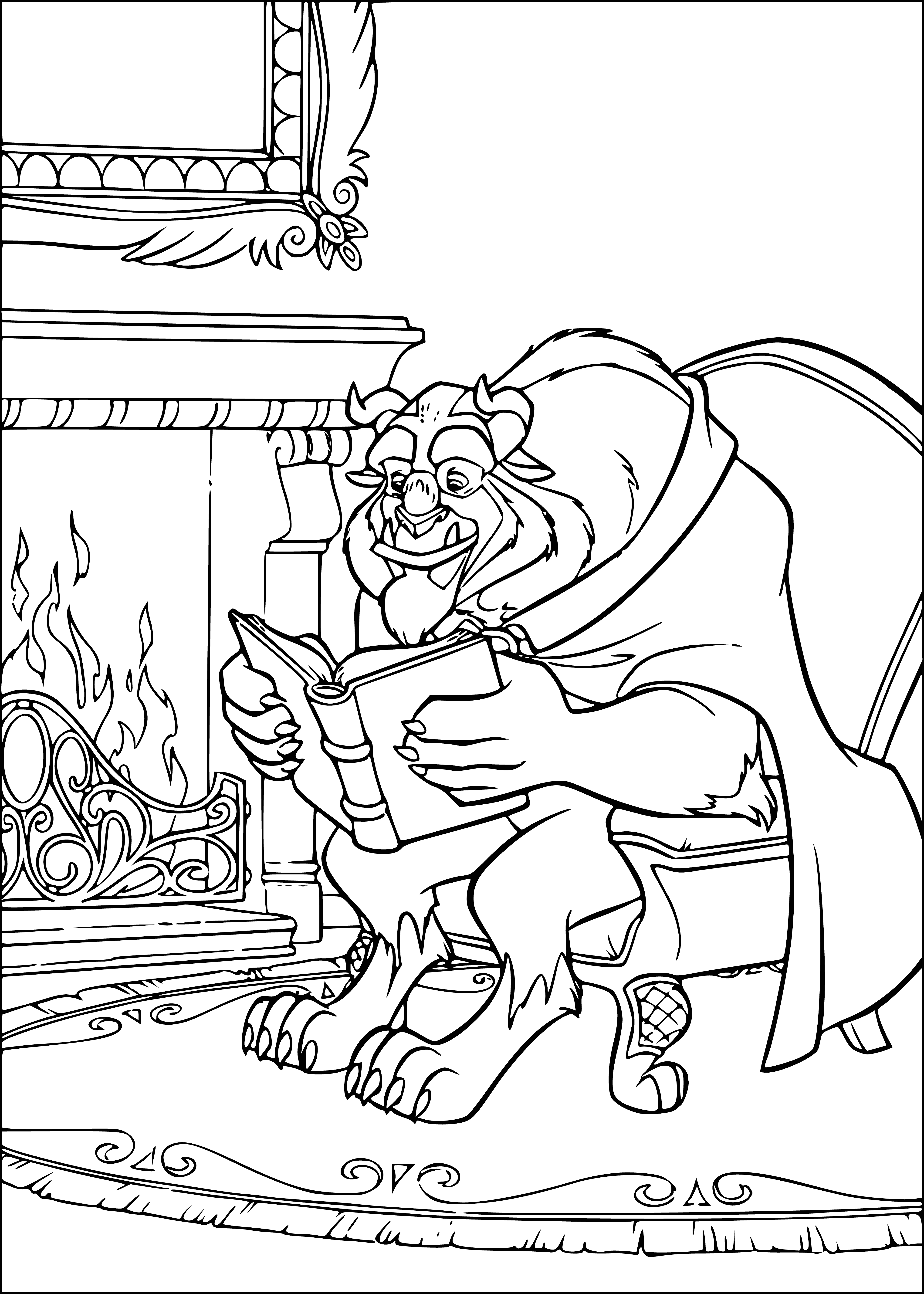 coloring page: Large, furry creature resembling lion/human sits on stone throne, clutching book in paw; has thick mane, vaguely human face with long nose, large eyes.