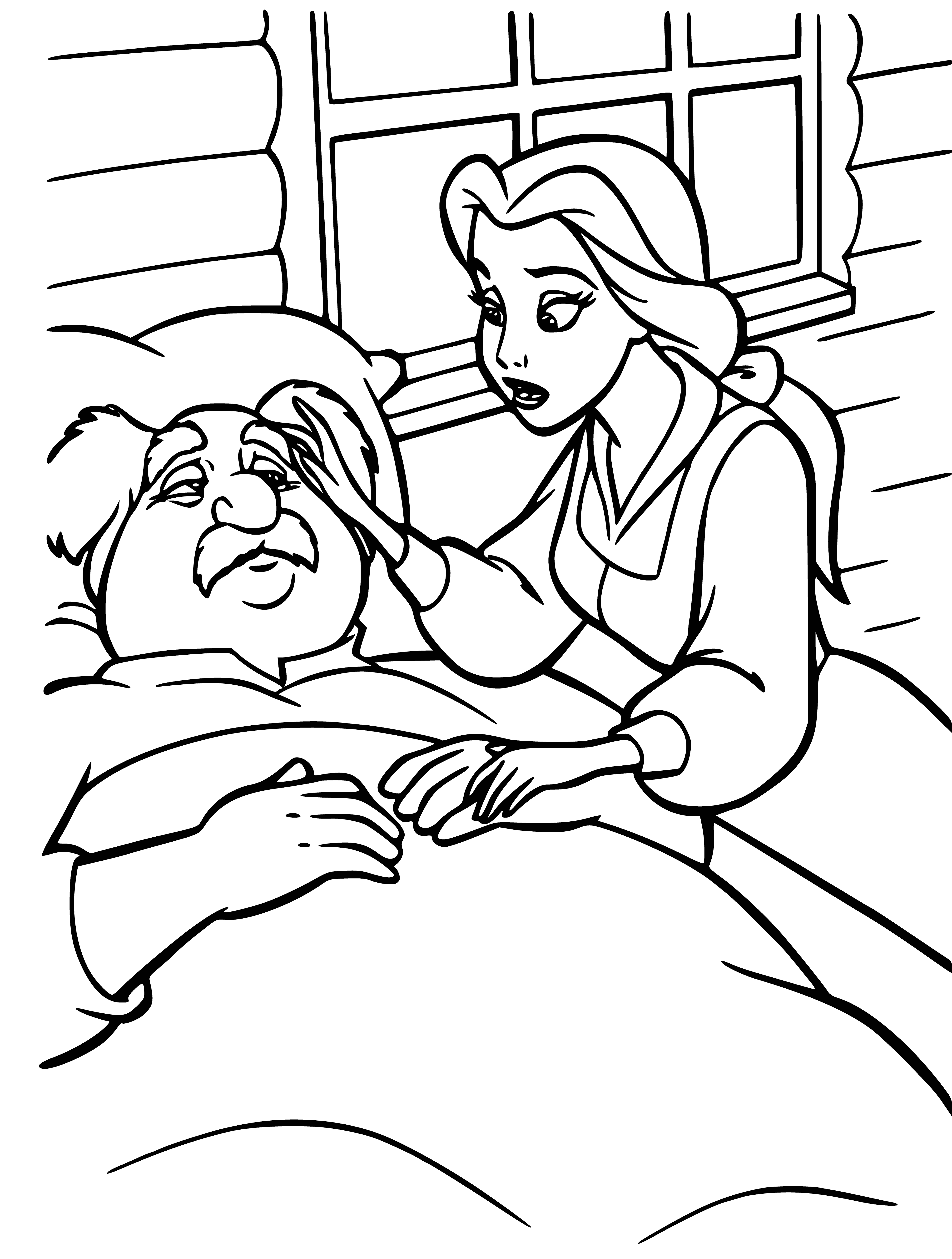 coloring page: Father and daughter sit at a table. Father has a beard, robe, and holds a book. Daughter with long hair wears a dress and looks at father with concern.