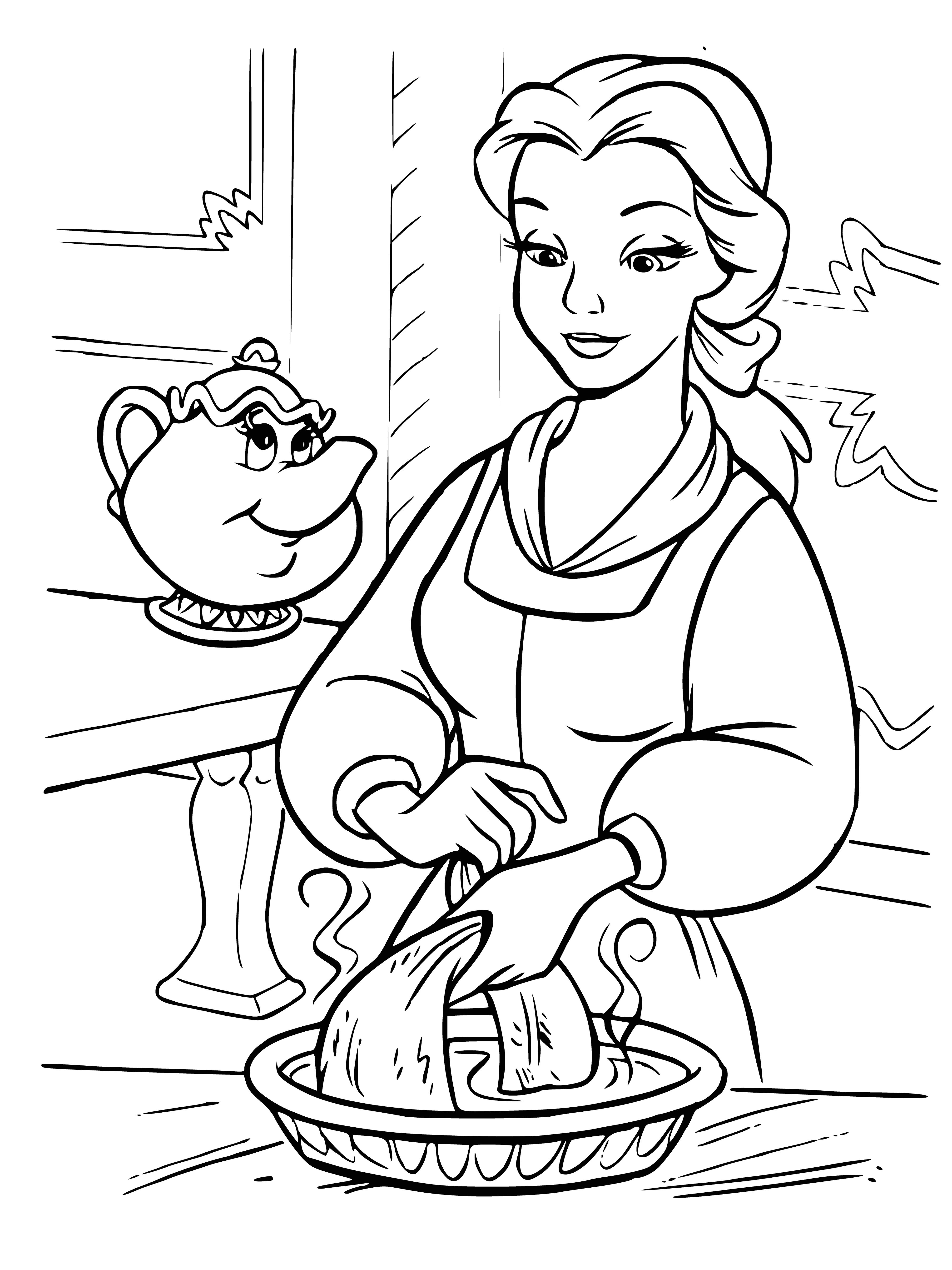 coloring page: 3 items: rose (red), book (blue), teapot (white/gold trim); all colors are visible on the coloring page.