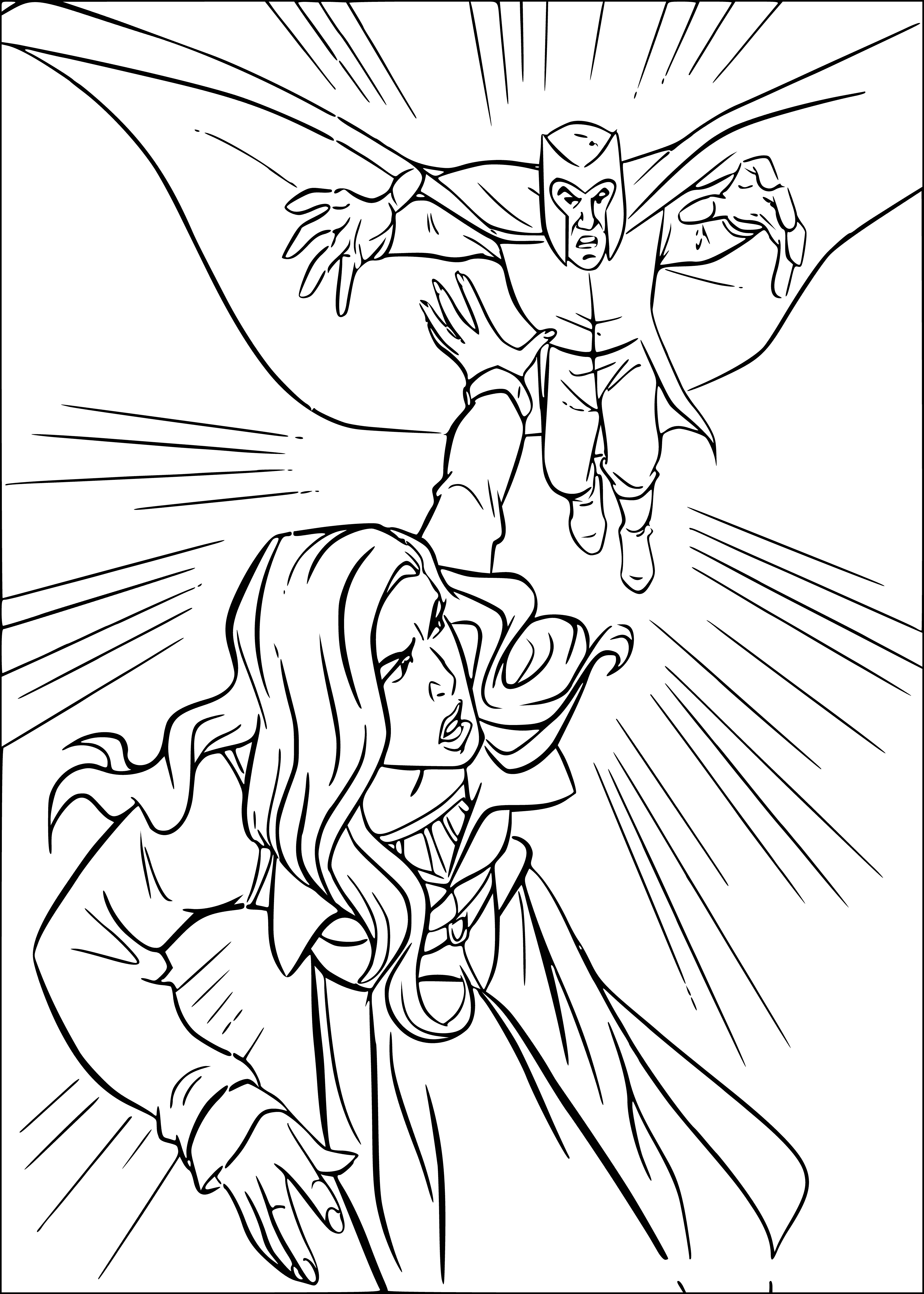 coloring page: Two people, floating w/ hands held, he donning a purple cape, she sporting a green dress, unite in air despite diffs. #love
