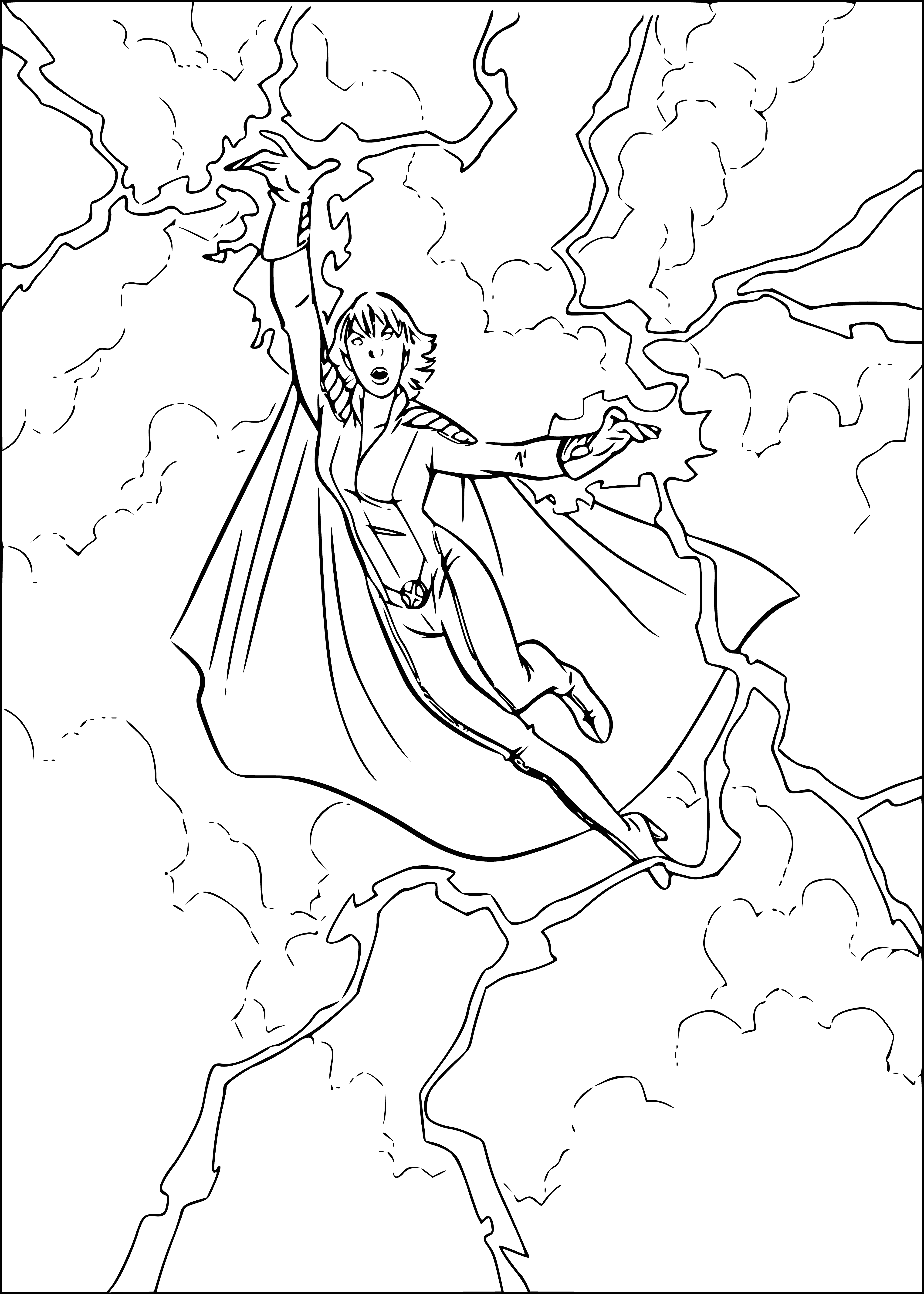 coloring page: Woman in coloring page wears black cape, wild white hair, electric blue eyes. Looks strong and confident, ready for anything.