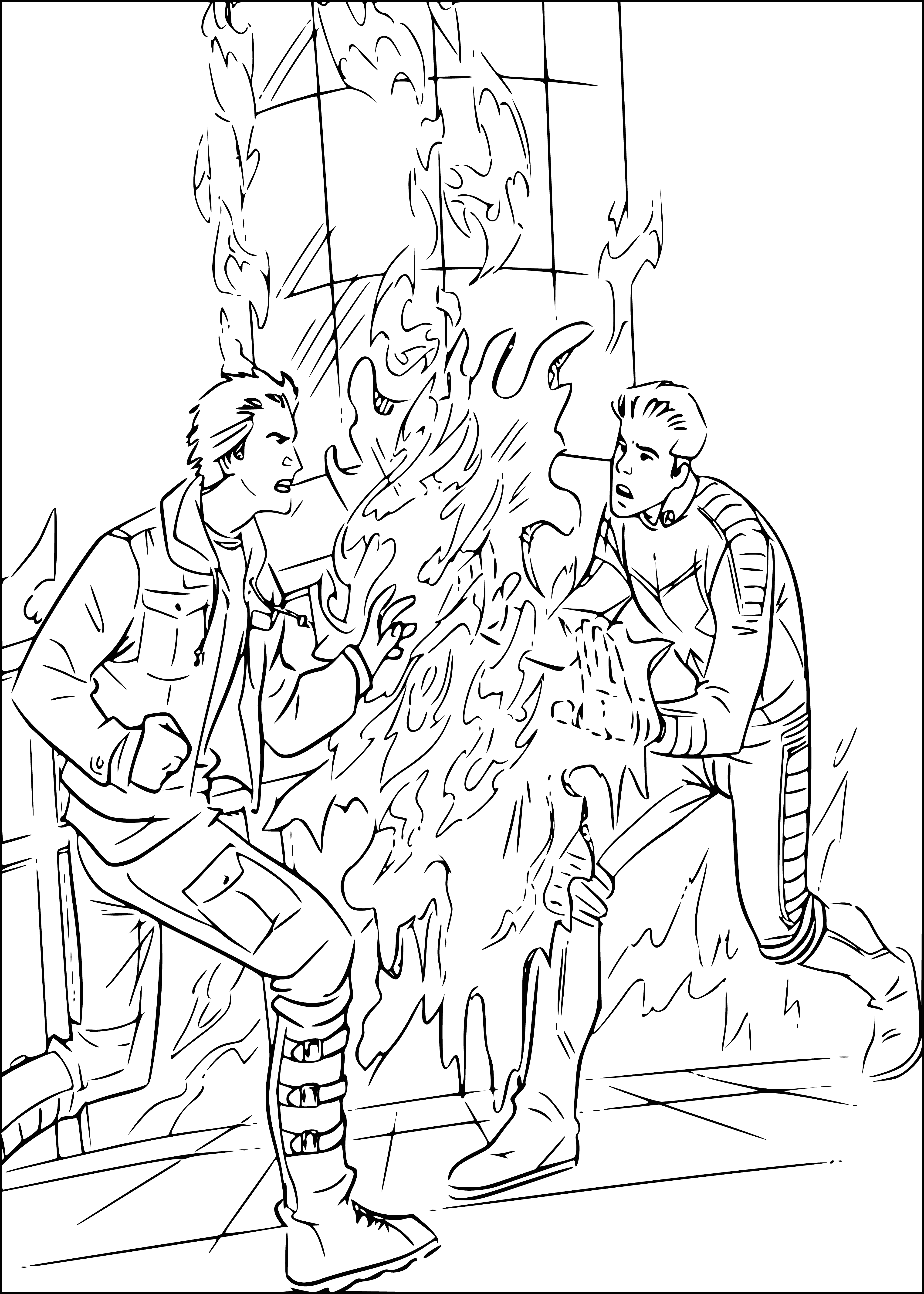 coloring page: X-Men battle each other with icicles and flames; Cyclops & Jean Grey duking it out while others use special powers. Chaos reigns amidst ice & fire.