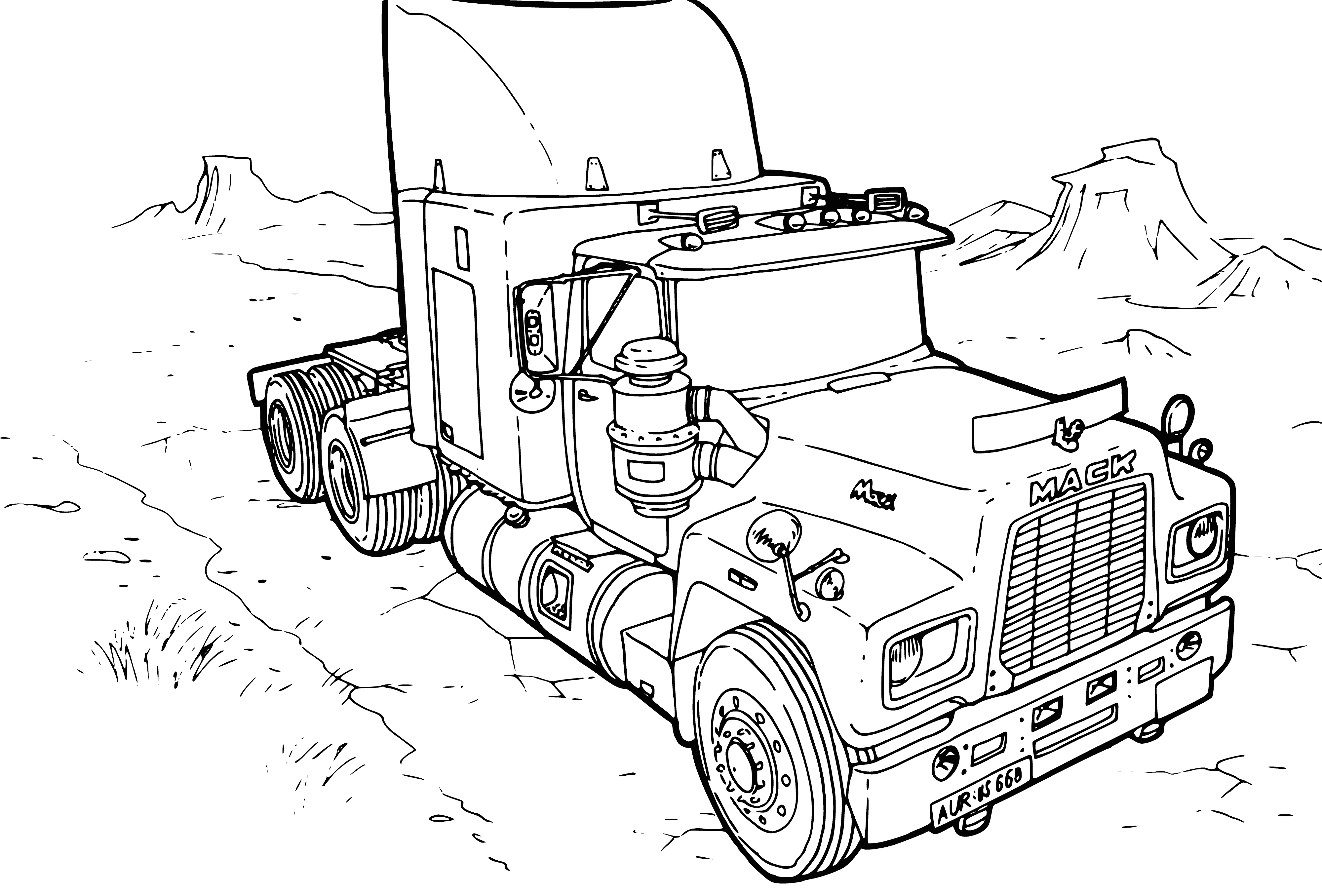 coloring page: Several trucks/tractors of different sizes and colors, incl. a blue dump truck in the middle. #ColoringPage