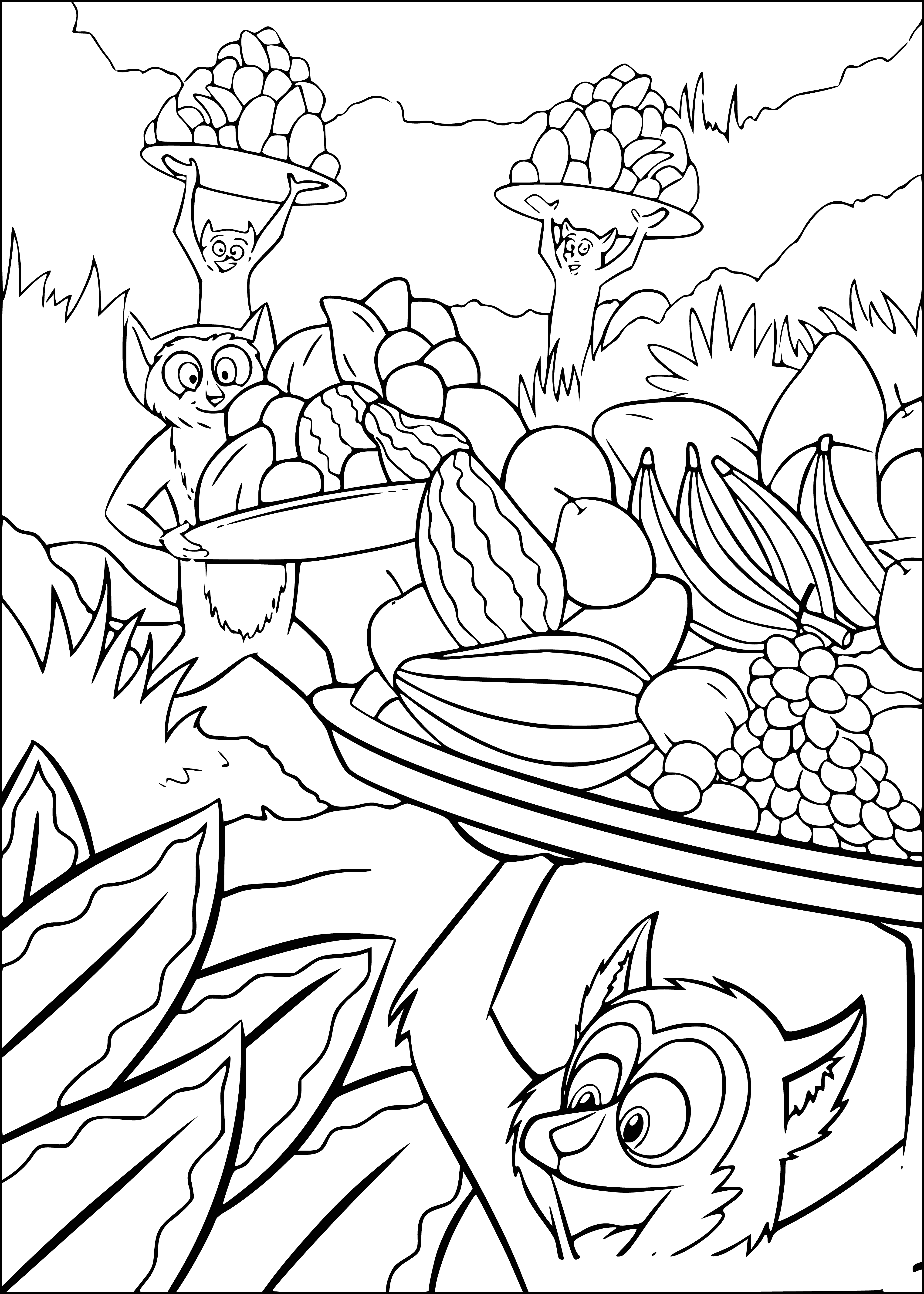 coloring page: Lemurs perched in trees, eating leaves, with long tails.