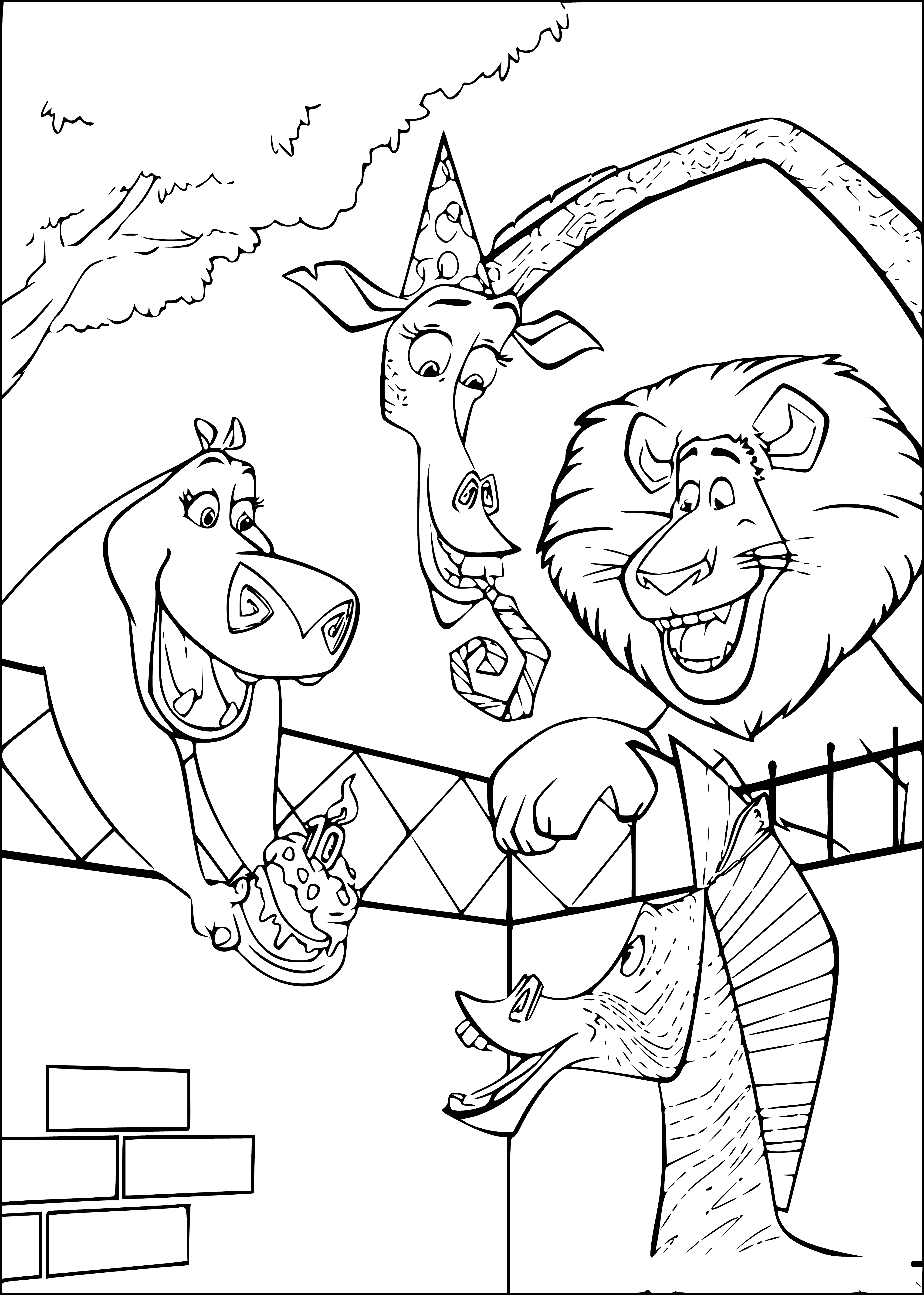 coloring page: The gang throws Marty a bday bash; Alex the lion, Melman the giraffe, Gloria the hippo and penguins join in the celebration. #PartyAnimals!