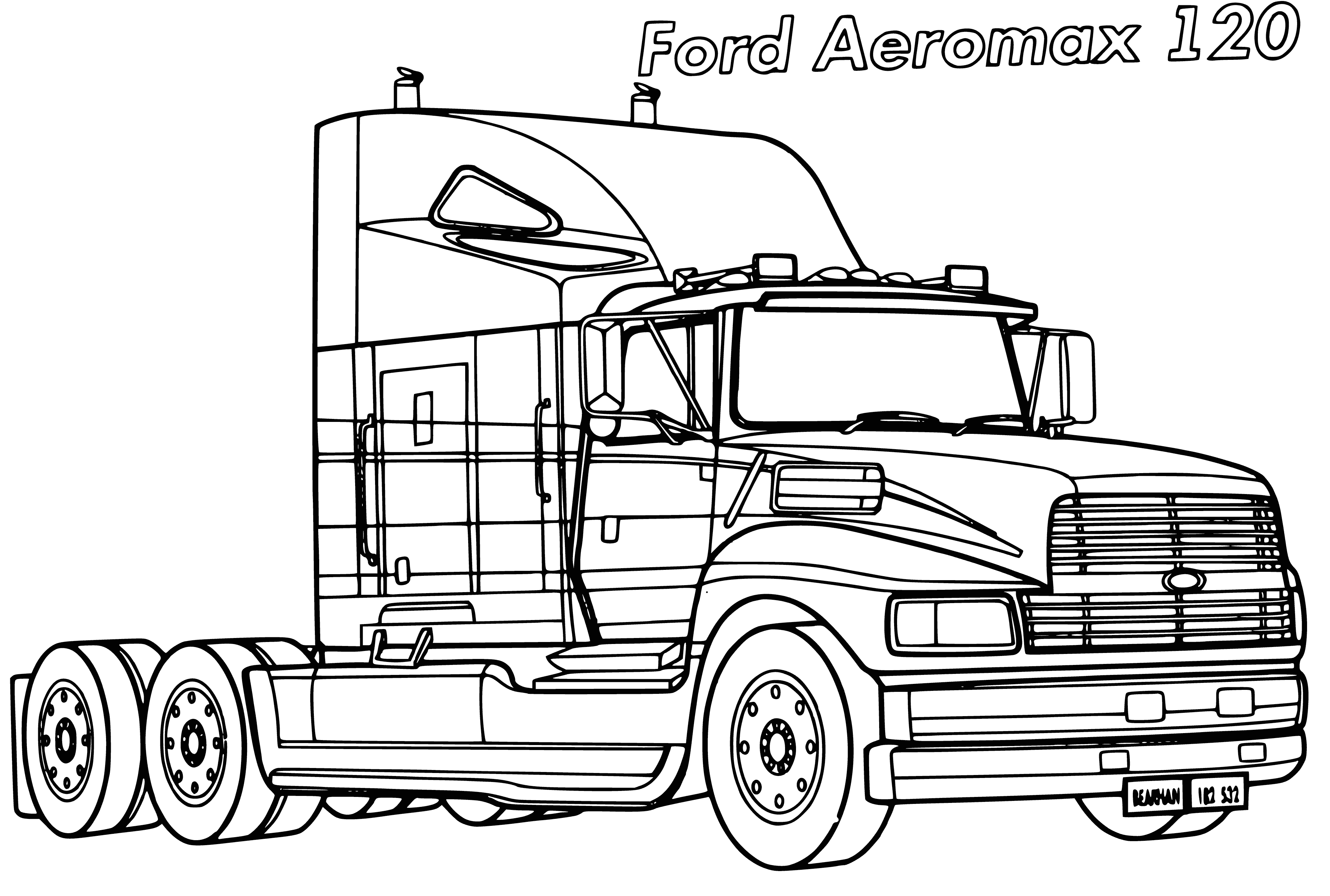 coloring page: 3 trucks: Ford Aeromax 120 (blue/white cab), tractor (red/white cab), dump truck (white/blue cab).