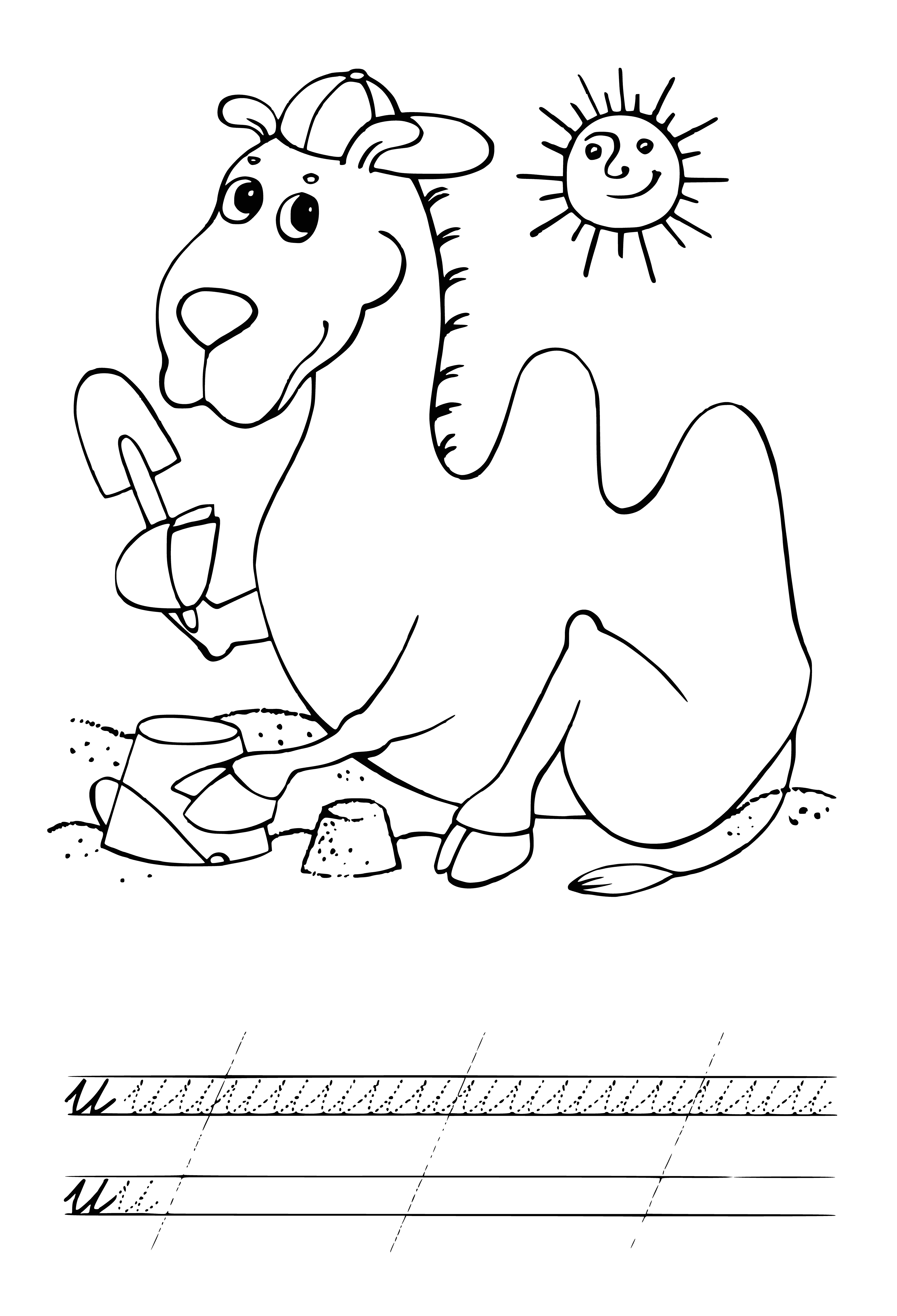 coloring page: Camels are large four-legged animals with a long neck and humpback that live in hot desert climates. They are used for riding and transporting goods.