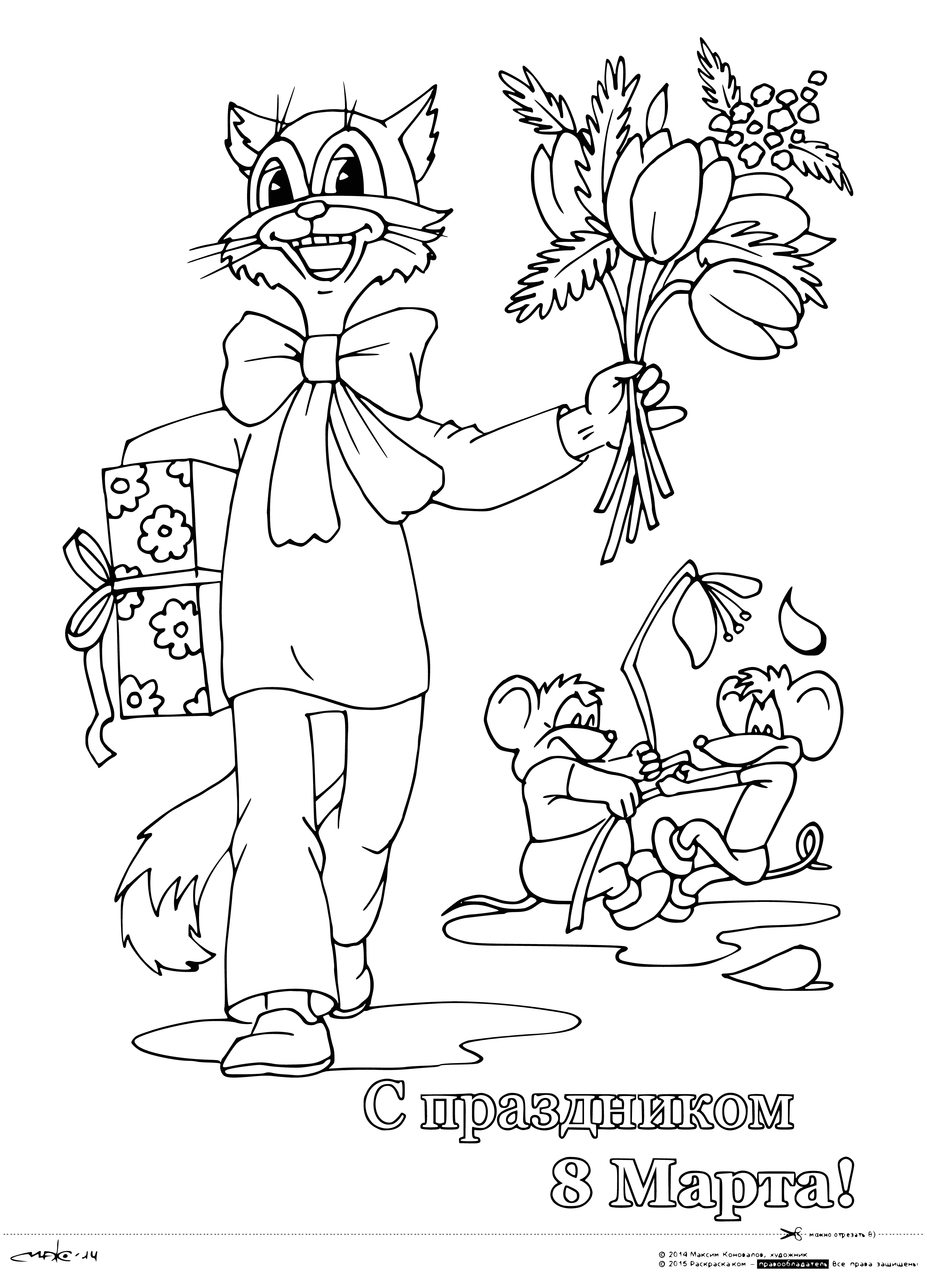 coloring page: Leopold, a cat, is excitedly holding a bouquet of colorful flowers (pink, purple, yellow). Coloring page full of joy!