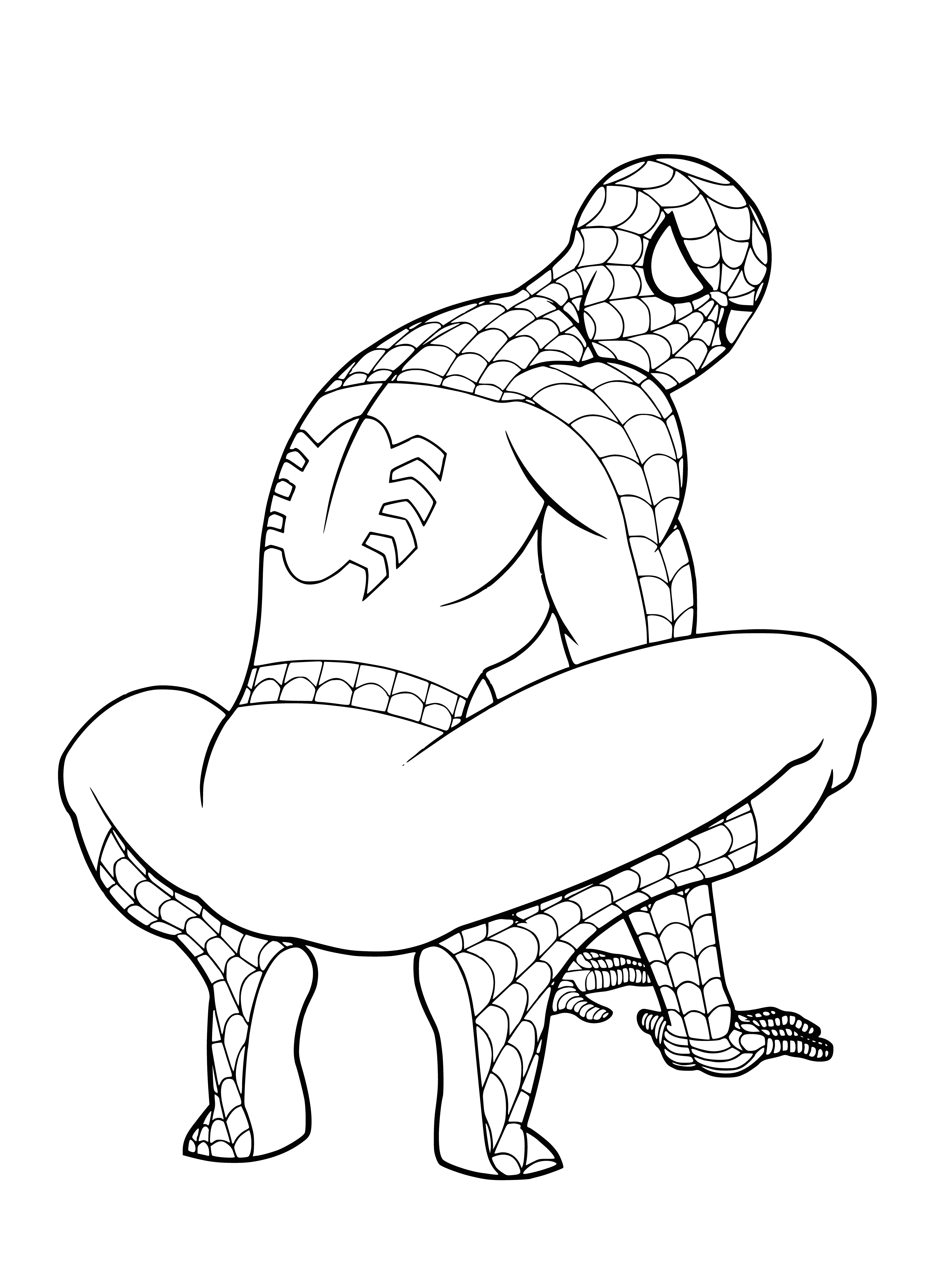coloring page: Spiderman uses his superhuman powers to fight crime. He can stick to walls, shoot webs, move quickly and lift heavy objects.