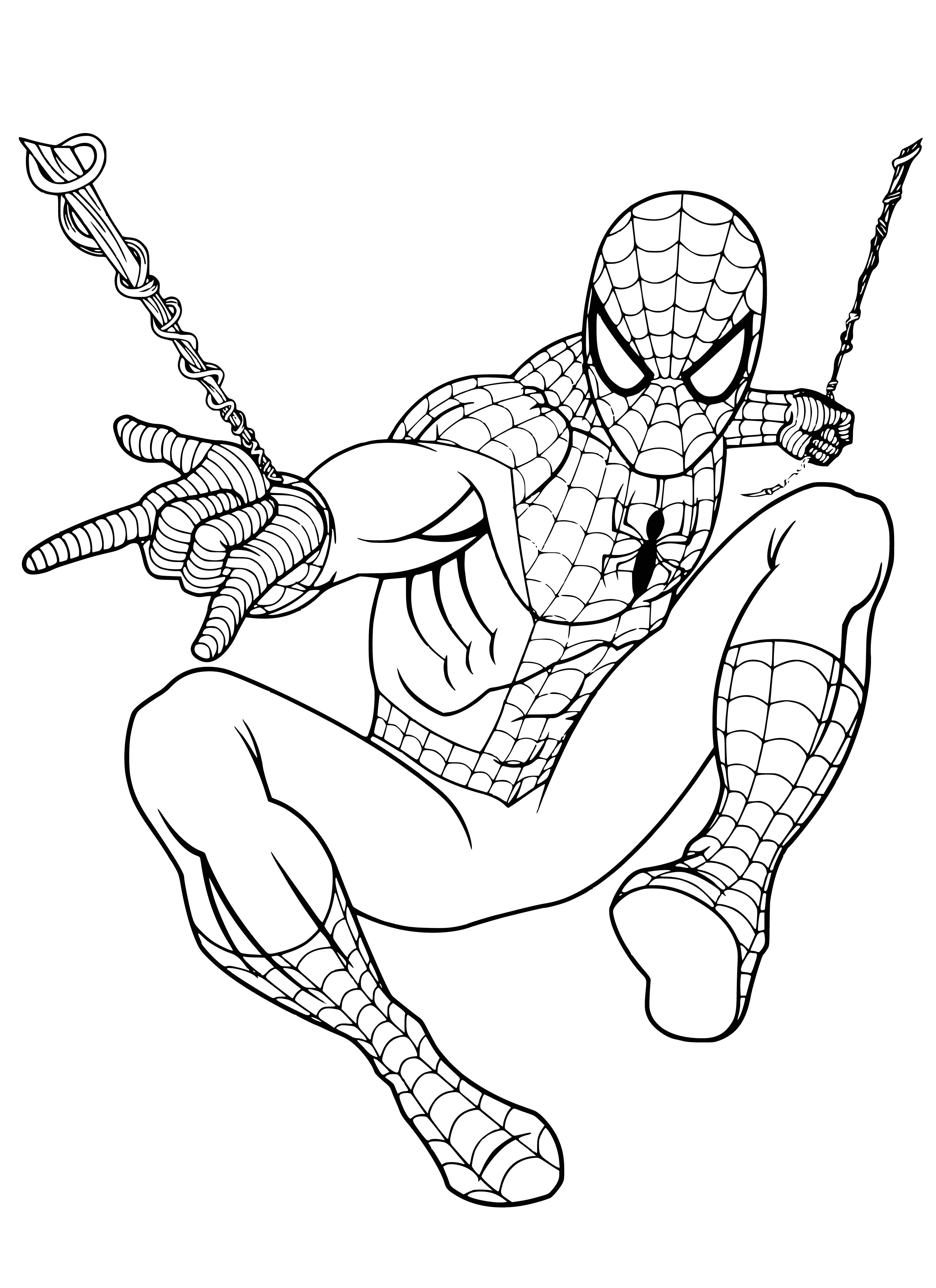 coloring page: Cartoon character in red/blue costume w/ "S" on front, red mask, black gloves & boots, in Spiderman-like pose. #coloringpage