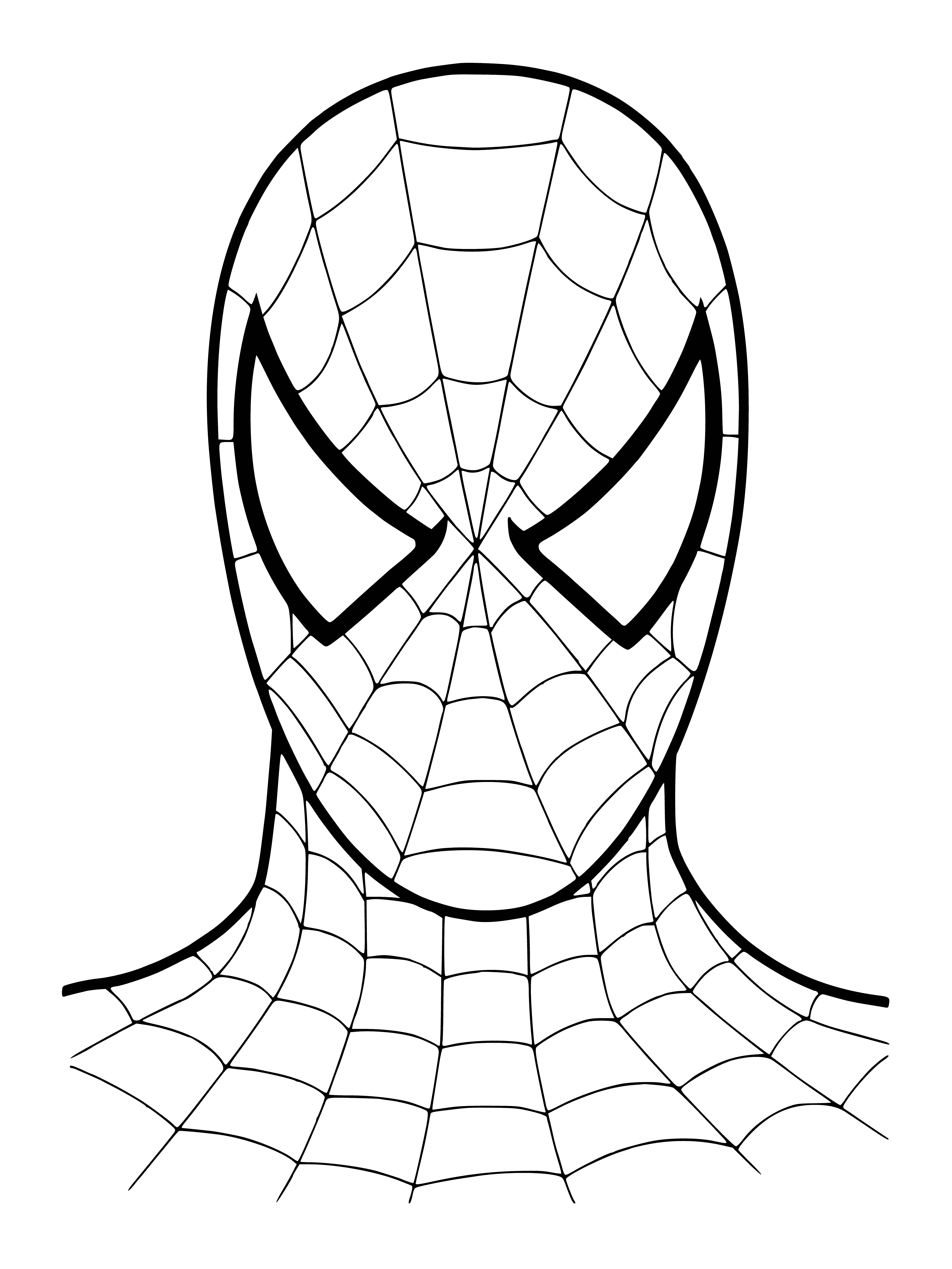 coloring page: Replica Spiderman mask made of red/blue fabric w/ 2 eyeholes & black spider emblem on forehead.