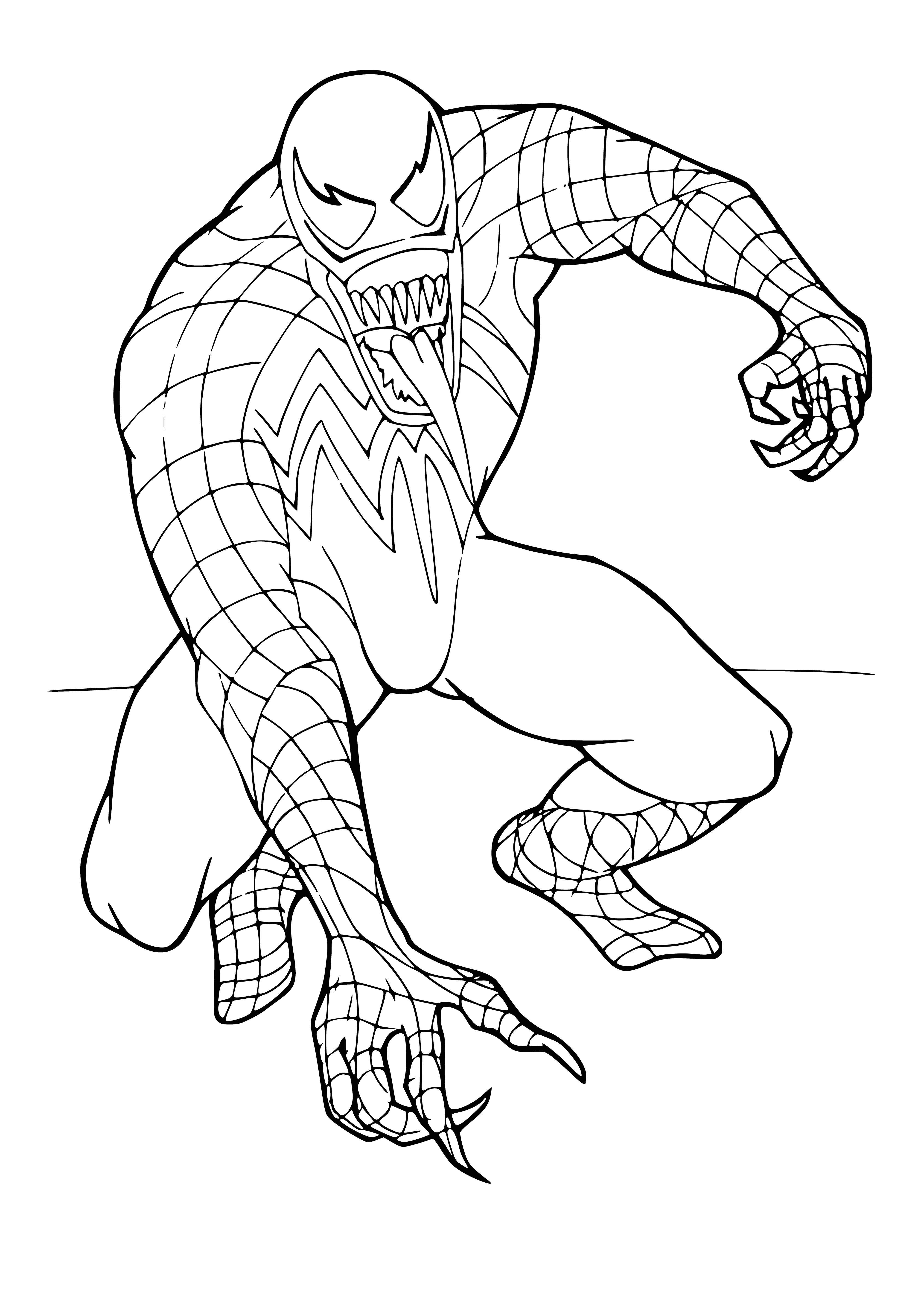coloring page: SpiderMan vs Venom - Superhero agility confronts ferocious strength; Spidey must outwit a powerful enemy.