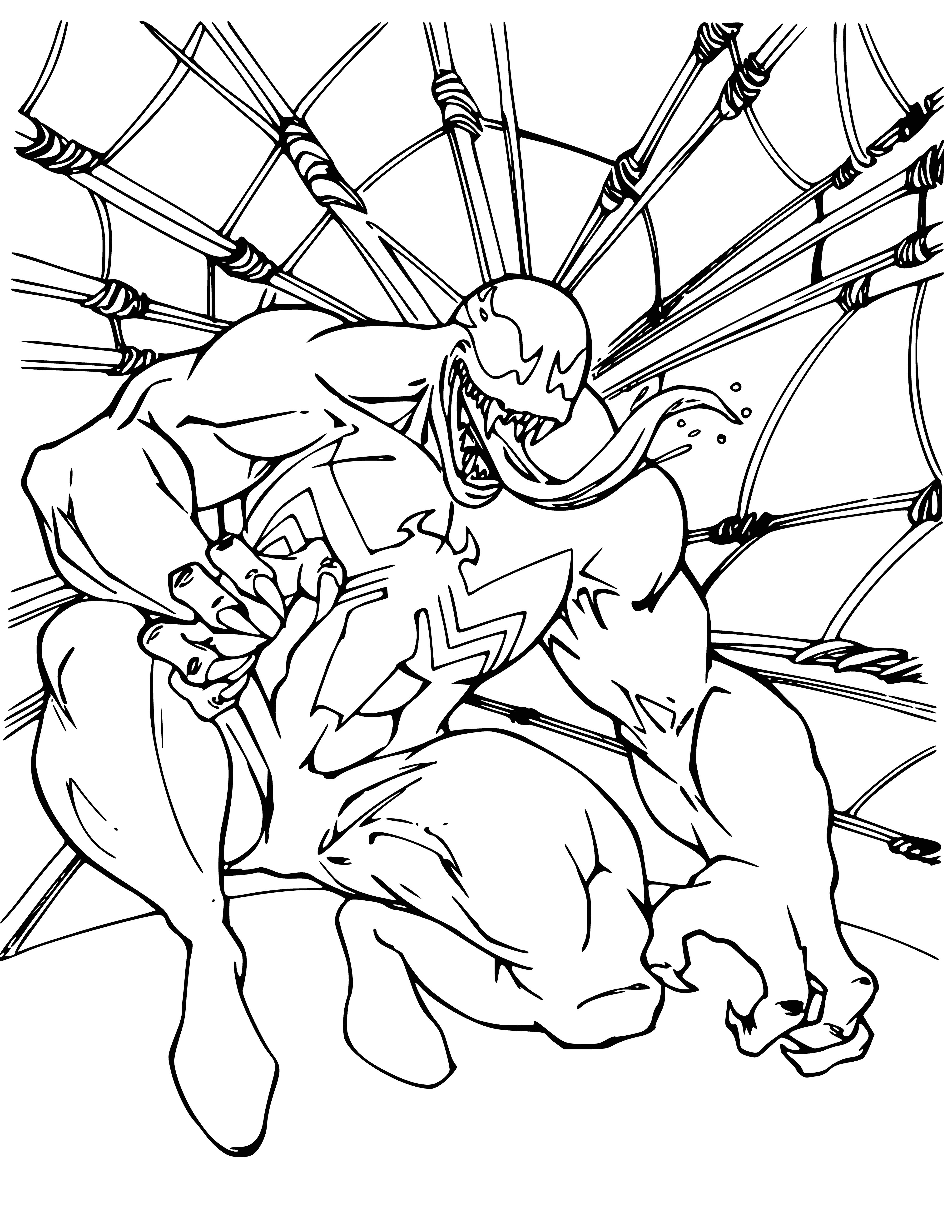 coloring page: Spider-Man wears an all-black suit with a white spider logo, white-eyed mask, wings and large staff.